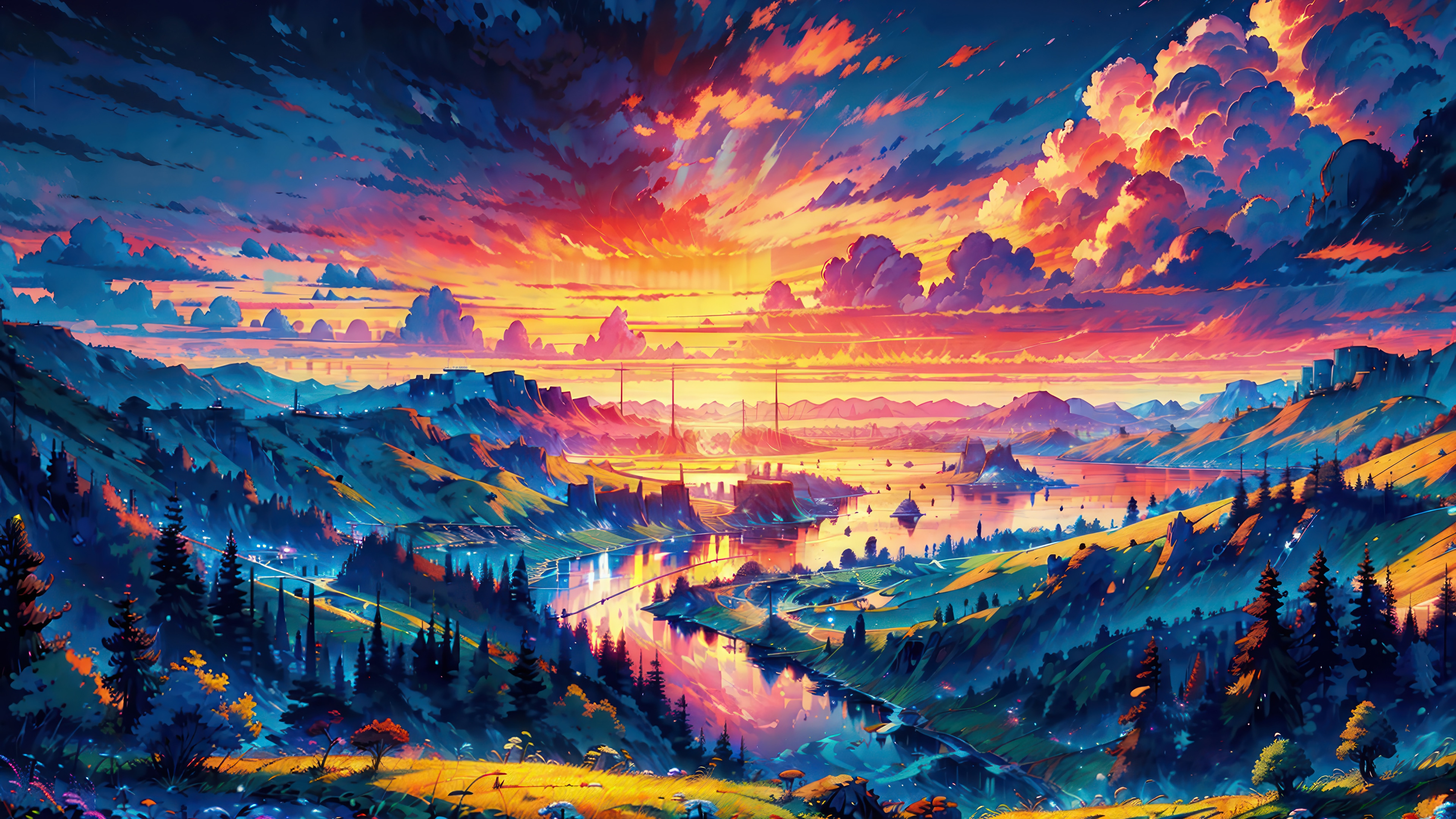 Sunrise over a colorful mountain landscape with a river HD Wallpaper