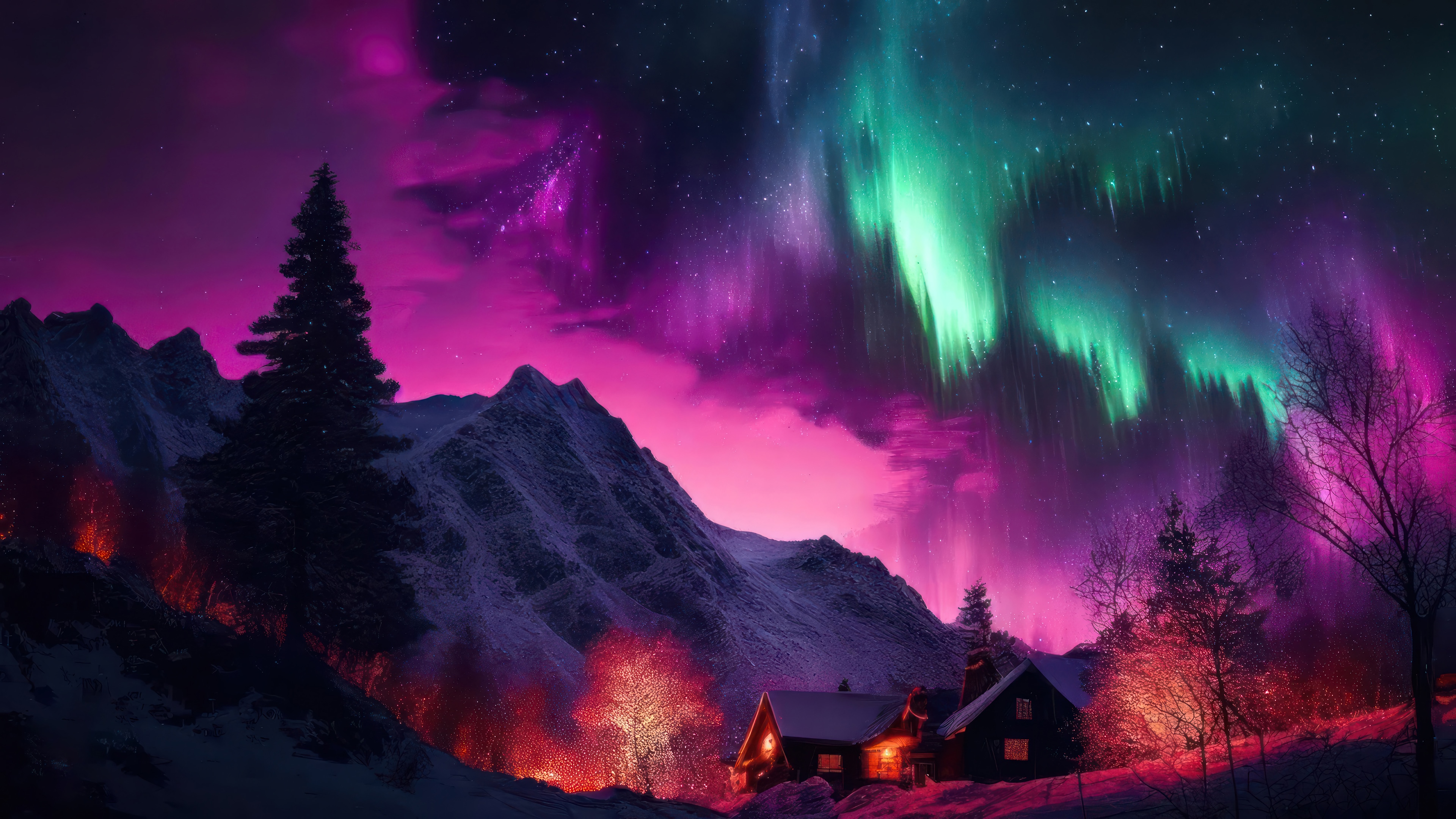 Aurora Borealis over a snowy mountain landscape with a cabin HD Wallpaper