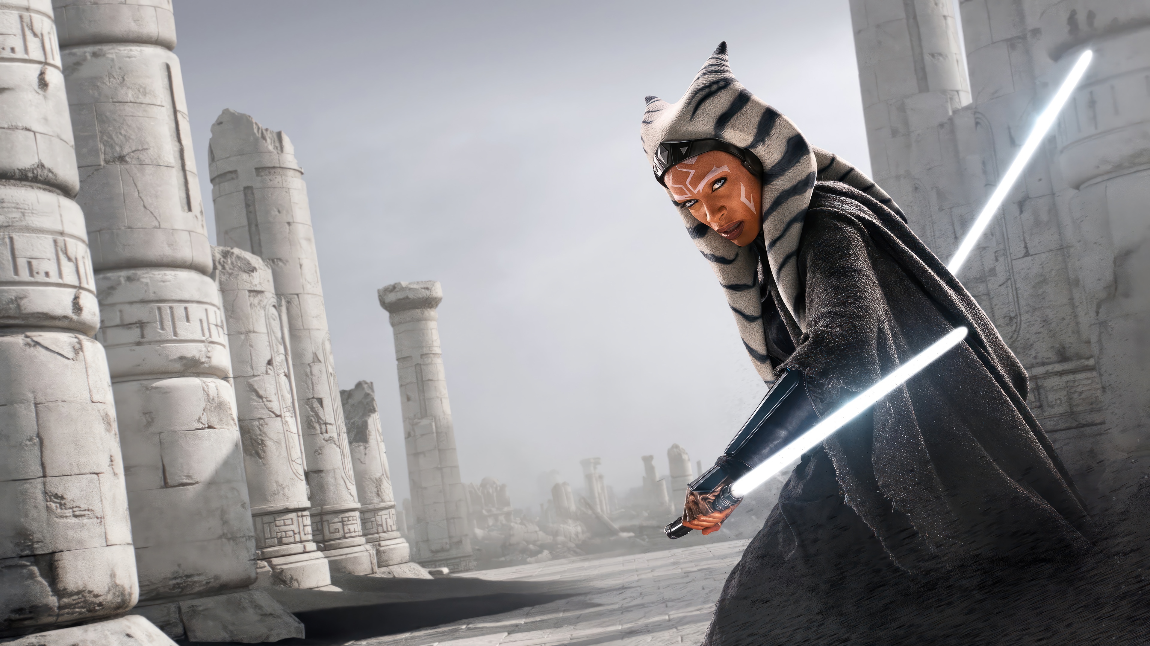 Ahsoka Tano with Lightsabers in Ruins 4K HD Wallpaper