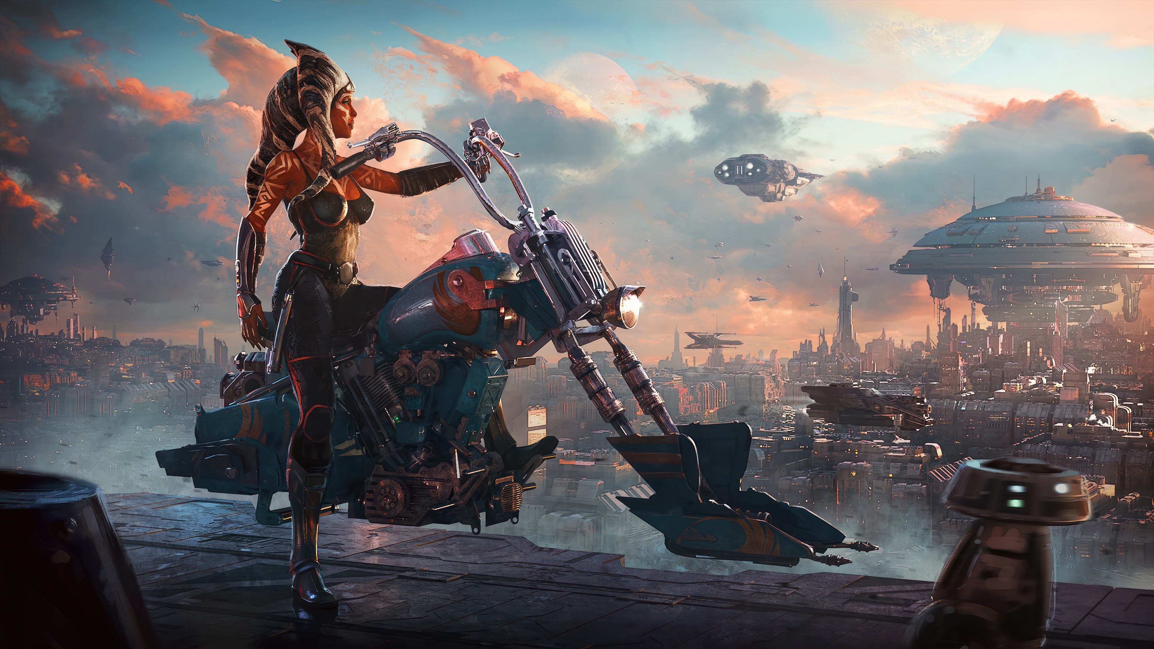 Ahsoka Tano on a motorcycle in a futuristic city HD Wallpaper