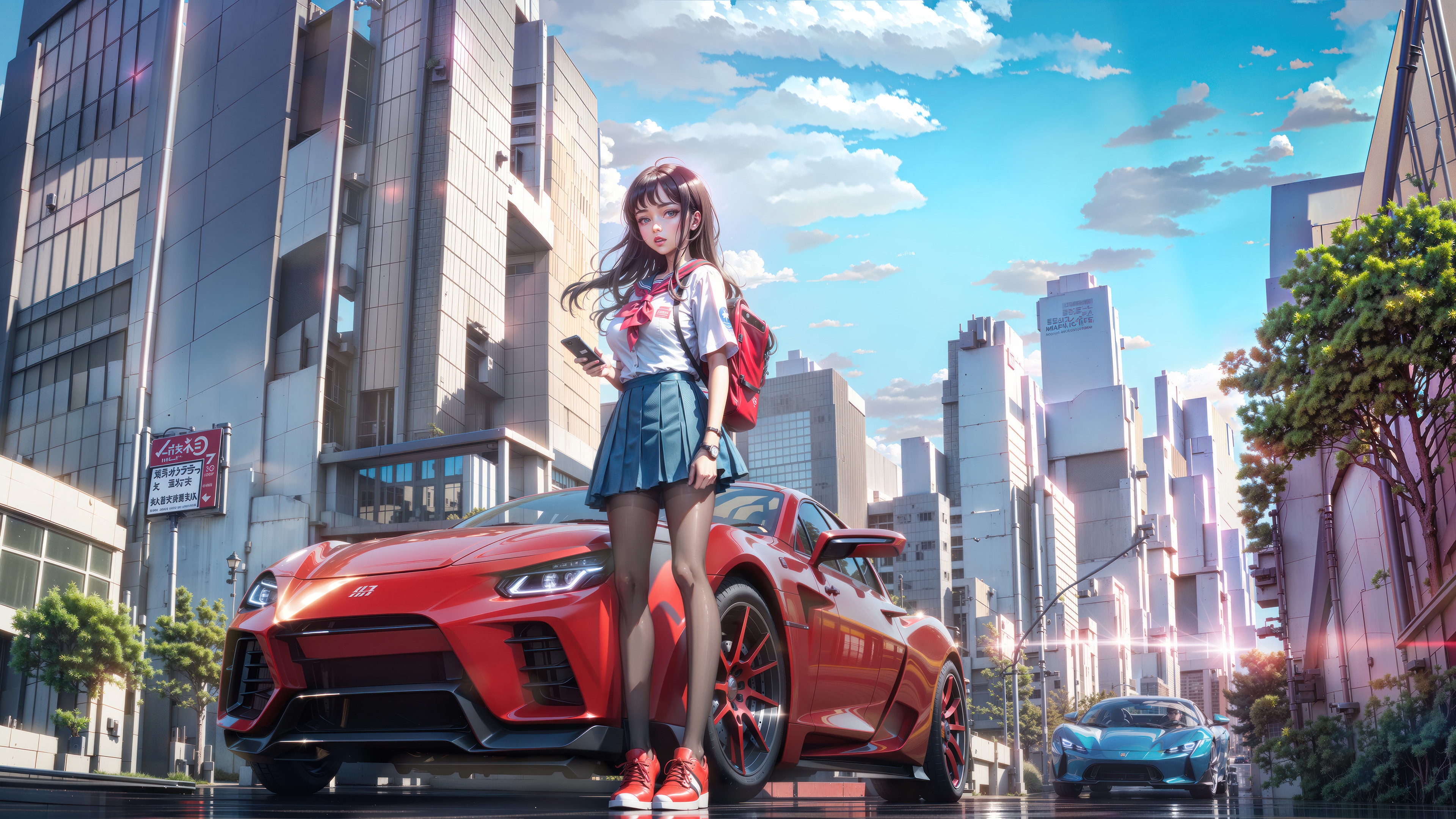 Anime Girl with Red Sports Car in City 4K HD Wallpaper