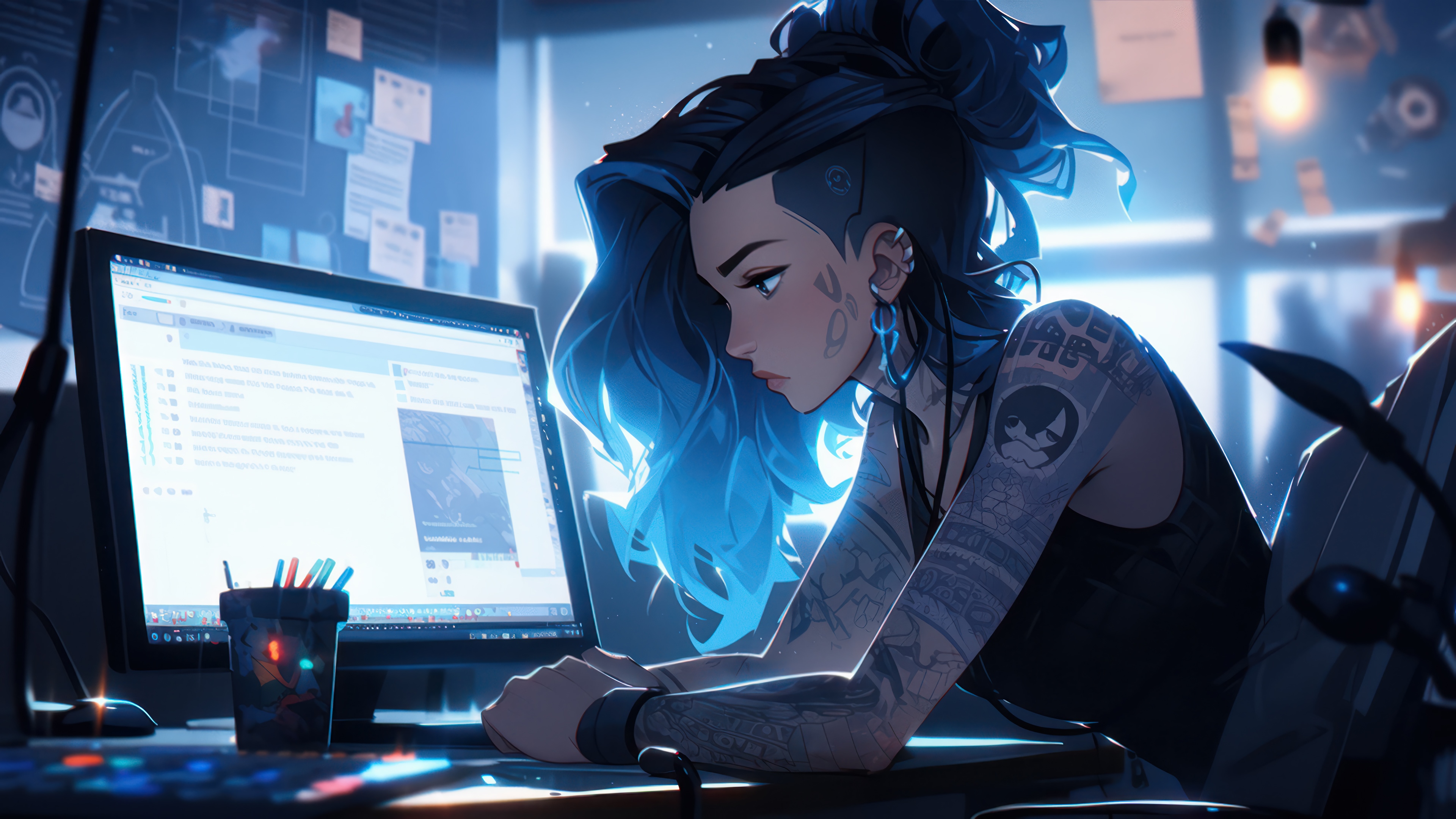 Tattooed Girl Working on Computer in Digital Art 4K HD Wallpaper