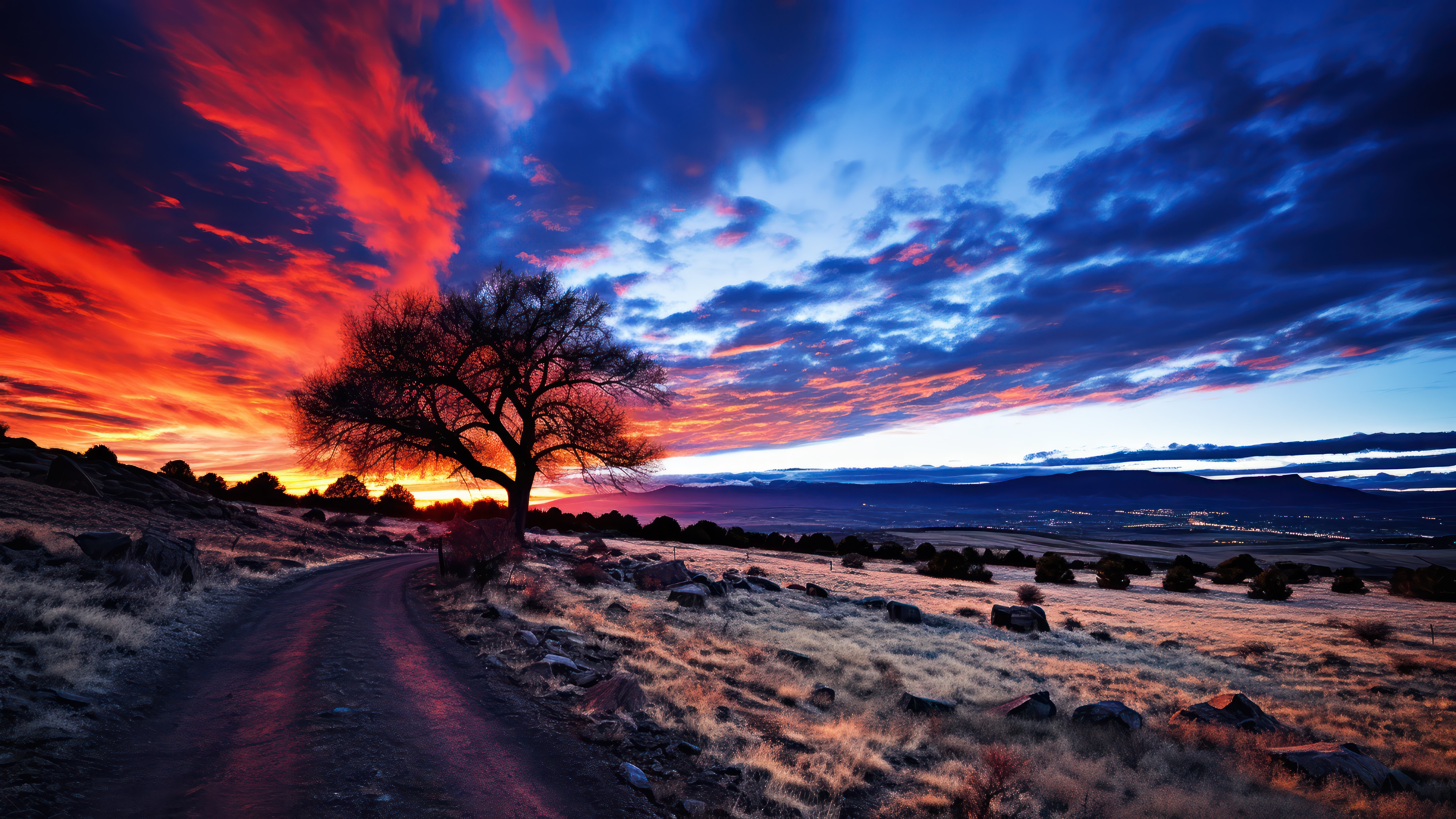 Colorful Sunset Over a Rural Landscape with Trees HD Wallpaper