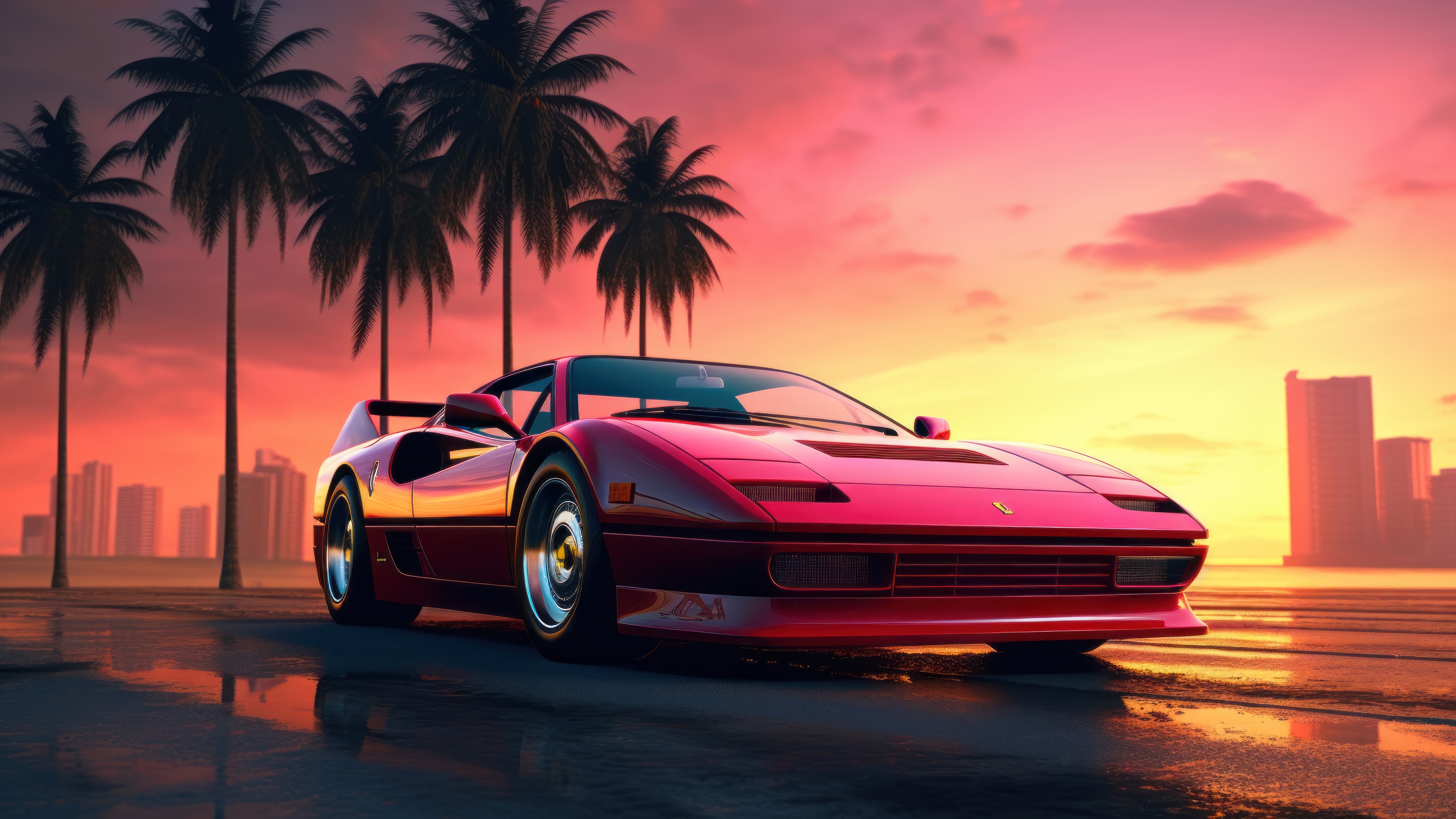Red Sports Car at Sunset with Palm Trees 4K HD Wallpaper