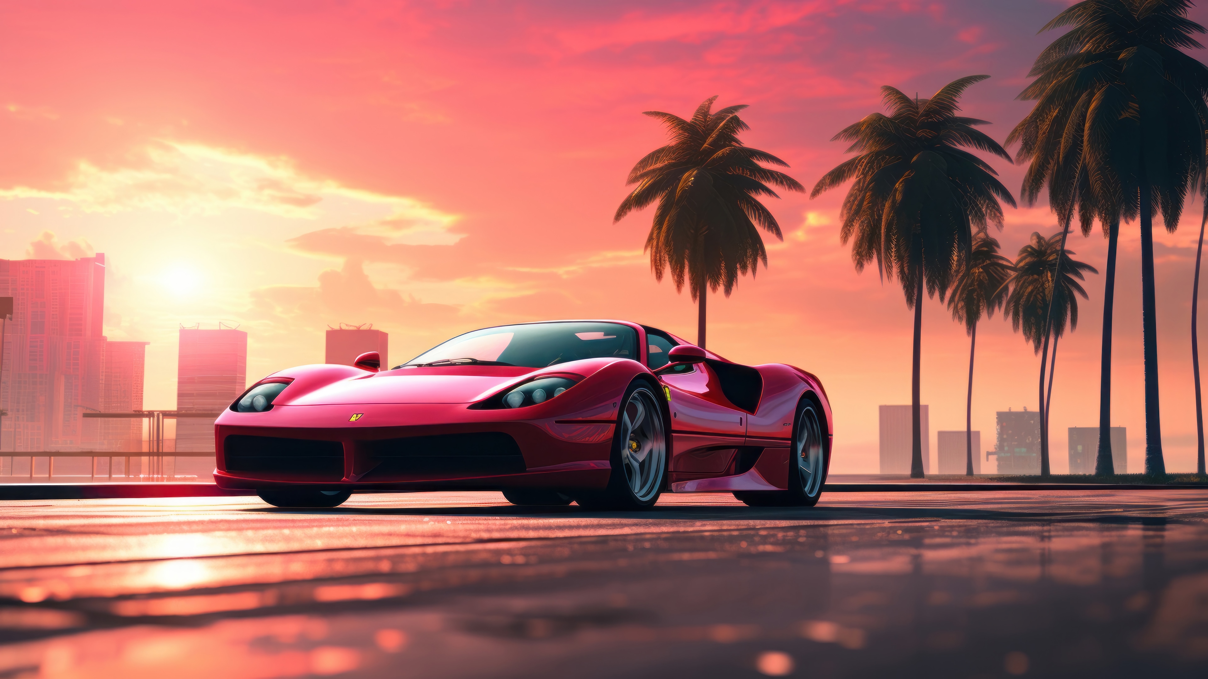 Red Ferrari Sports Car at Sunset with Palm Trees 4K HD Wallpaper