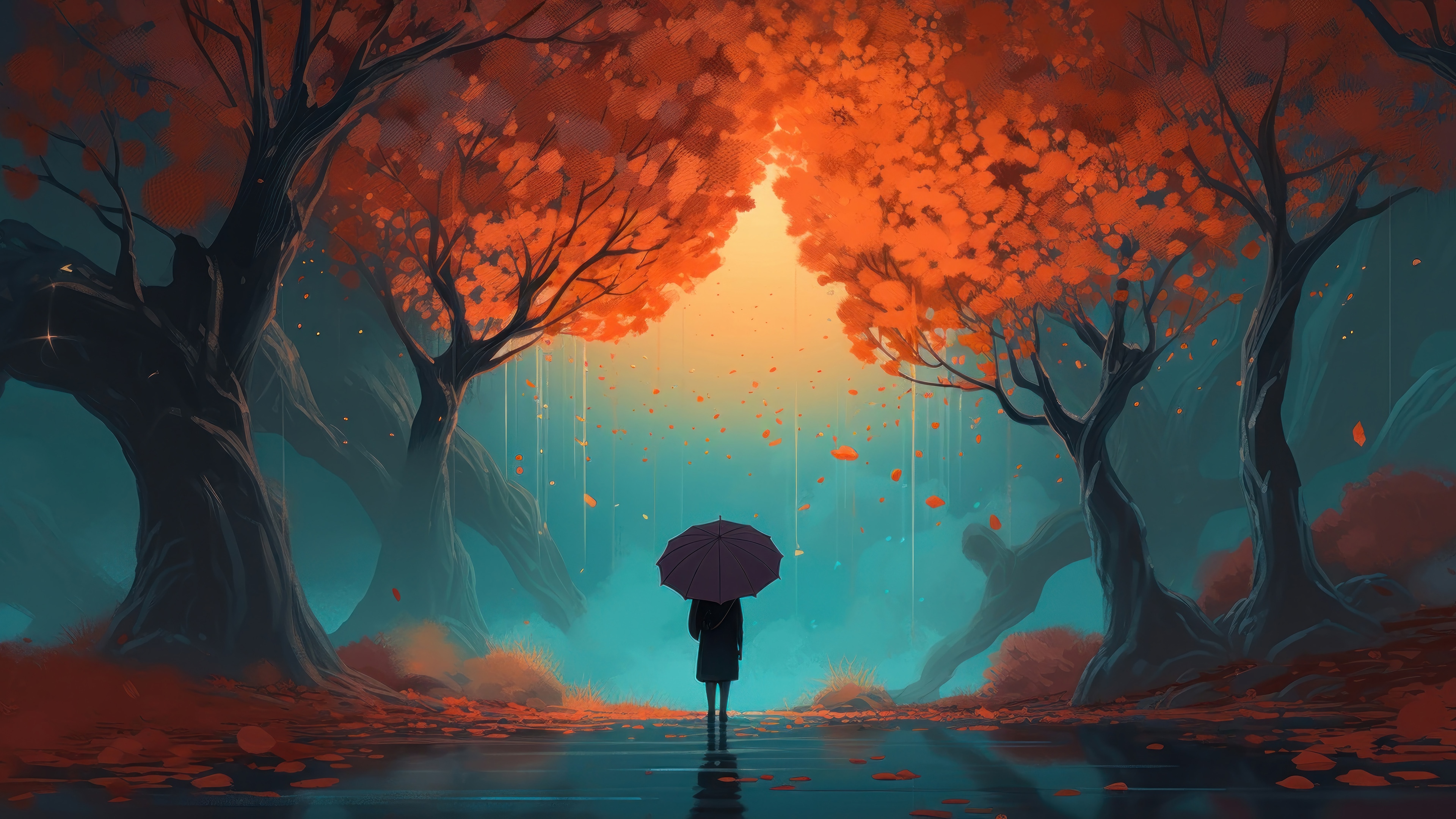 Person with umbrella walking in a rainy forest 4K HD Wallpaper