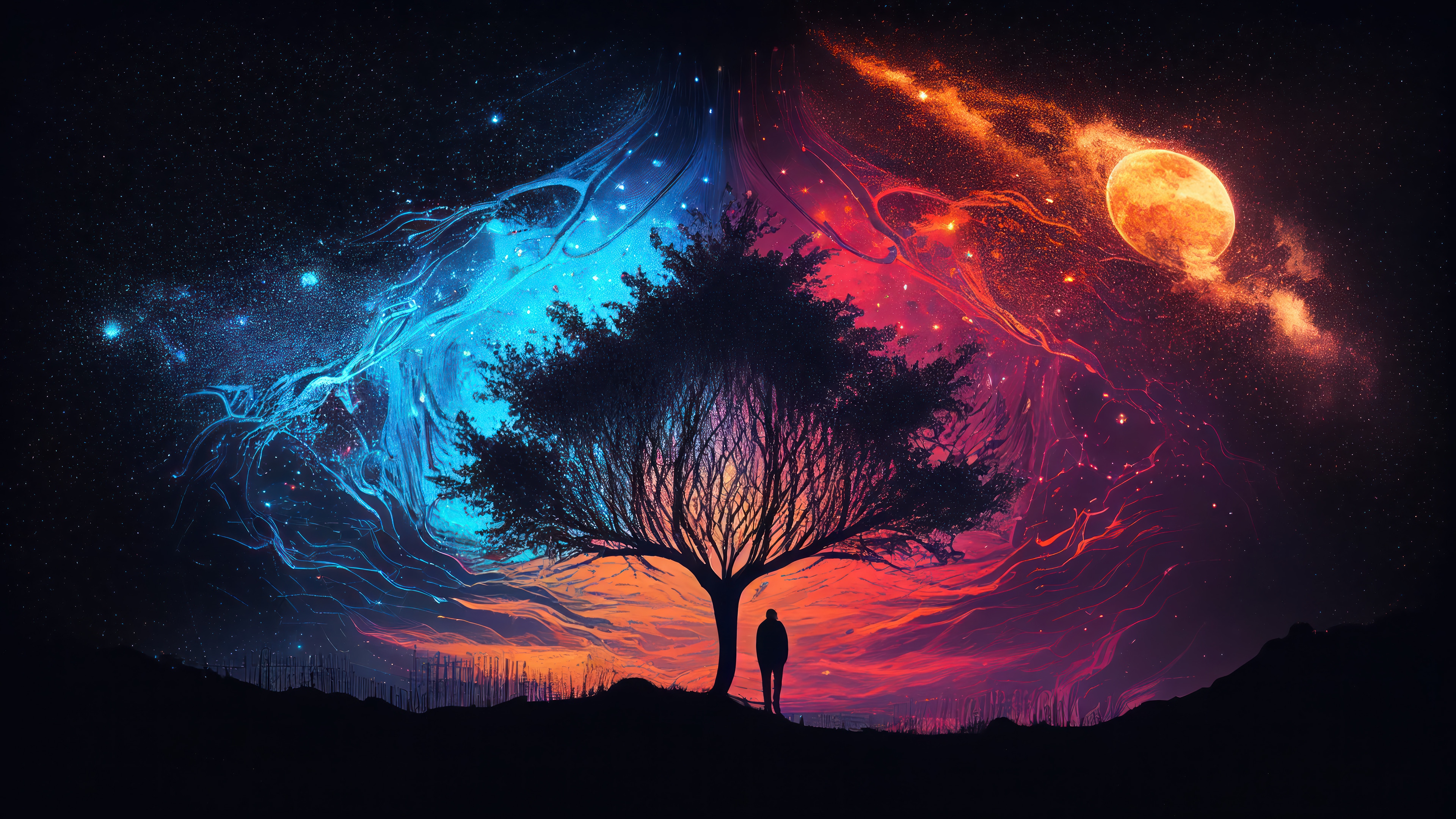 Silhouette of a person under a tree against a colorful nebula sky HD Wallpaper