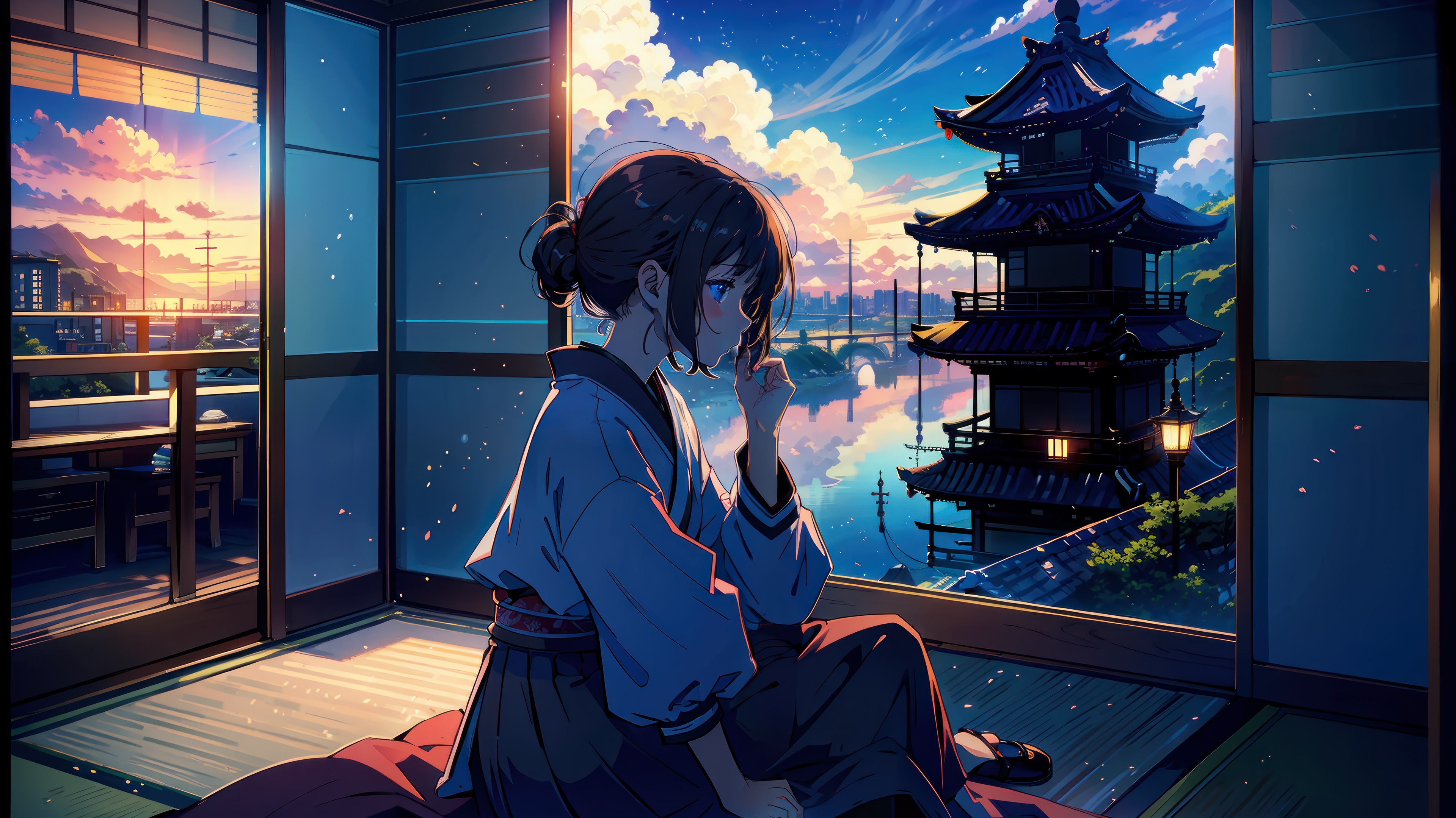 Anime girl in kimono looking at Japanese pagoda at sunset 4K HD Wallpaper