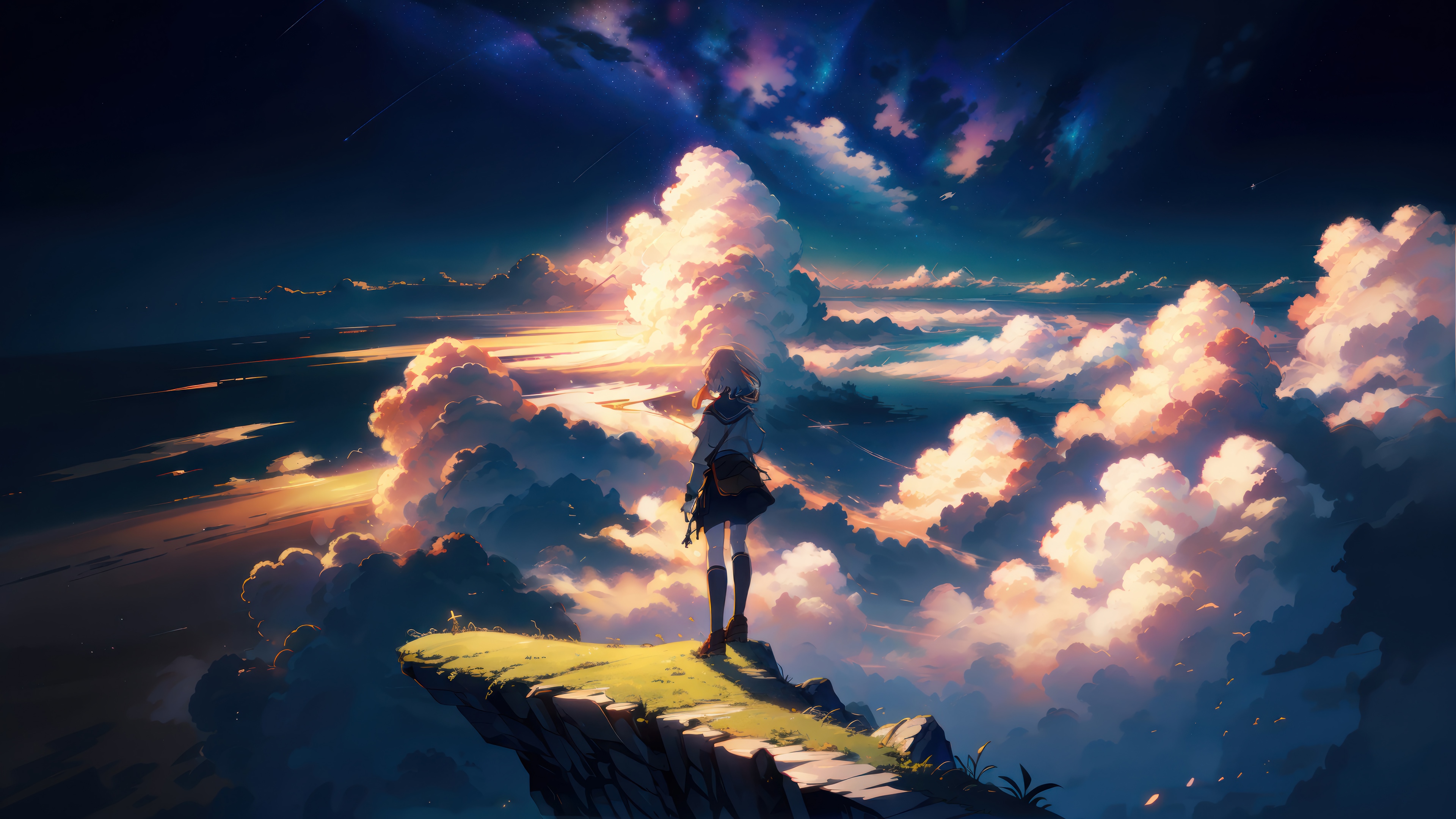 Anime Girl Standing on a Cliff Above Clouds in 4K HD Wallpaper