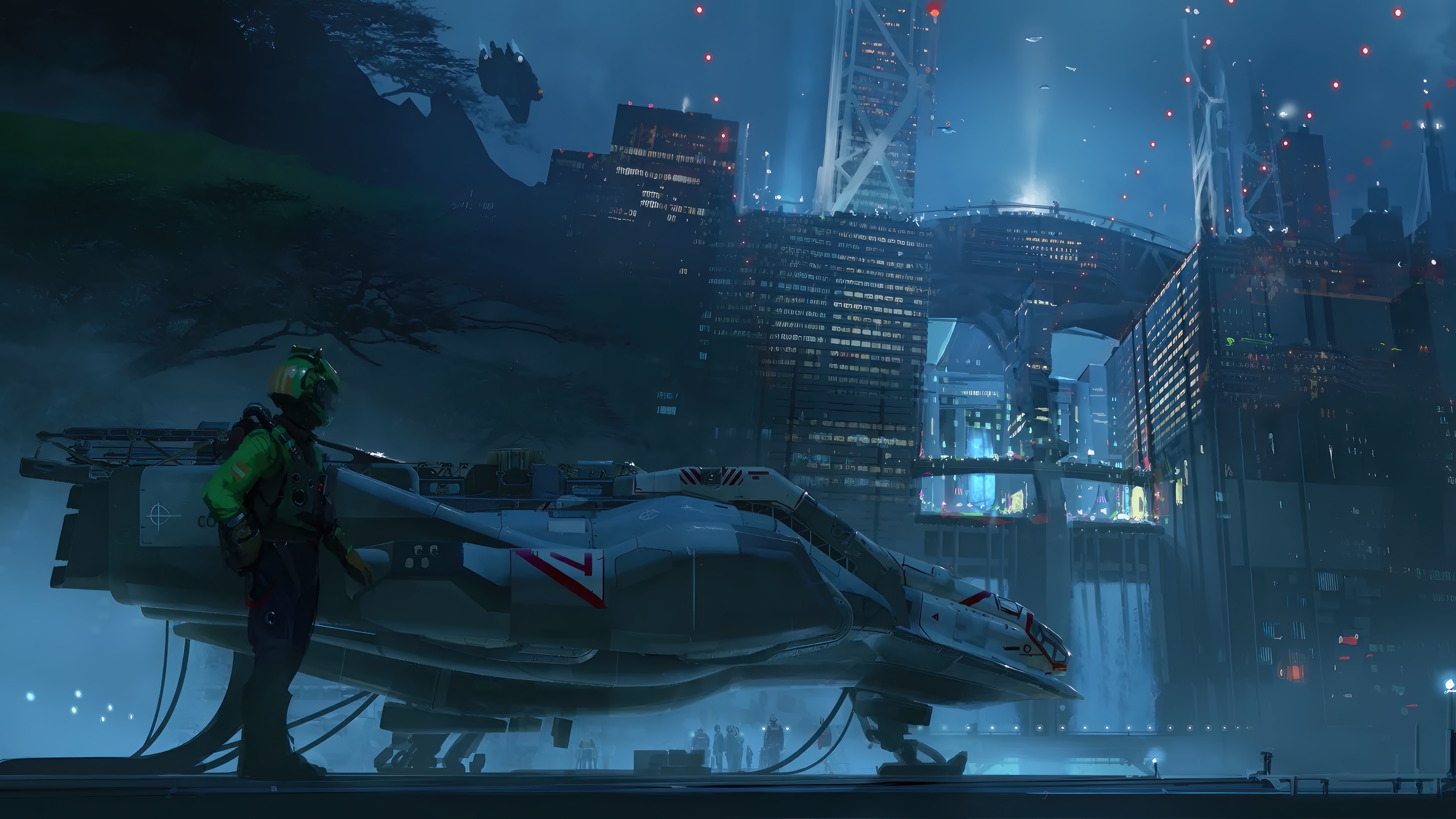Starfield Spaceship and Soldier in Futuristic City HD Wallpaper
