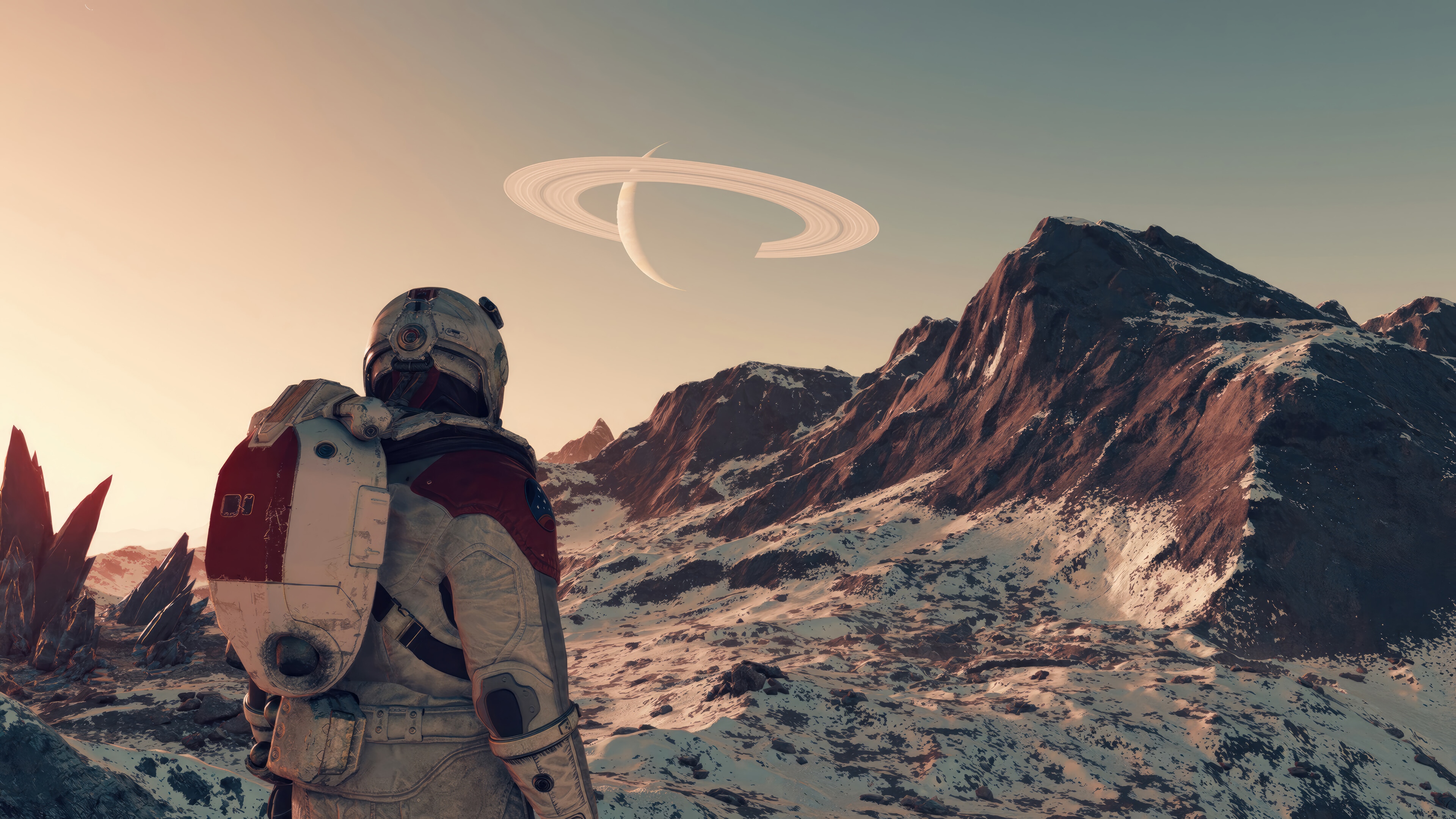 Astronaut on an alien planet with Saturn-like rings HD Wallpaper