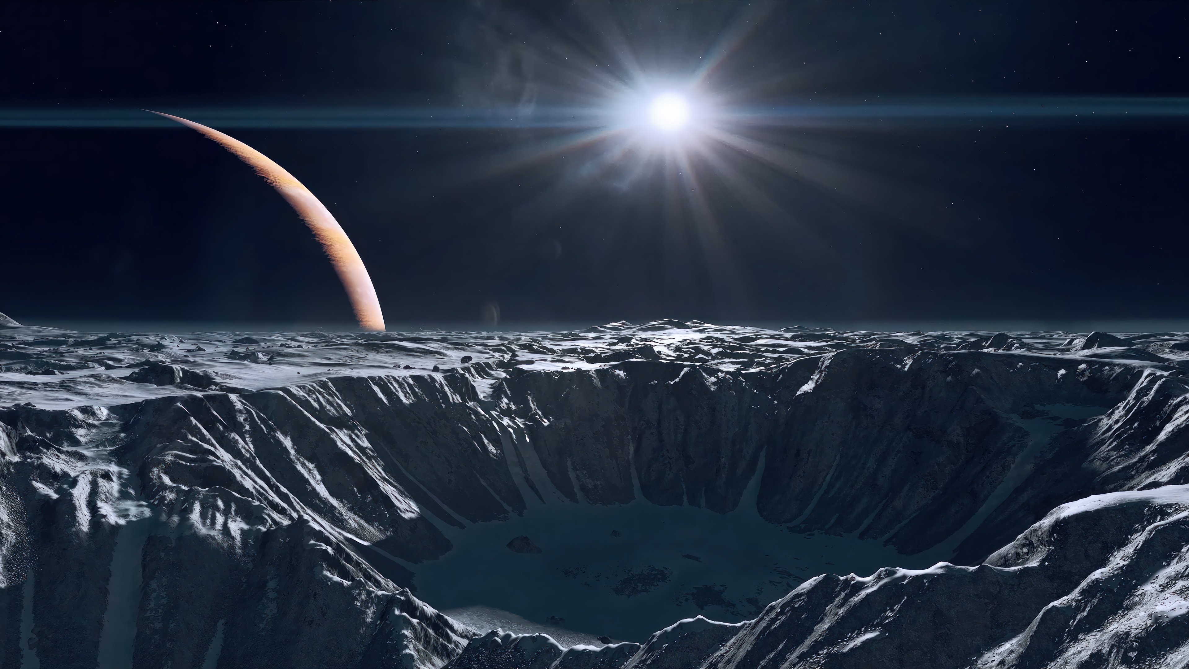 Alien planet surface with crater and ringed planet HD Wallpaper