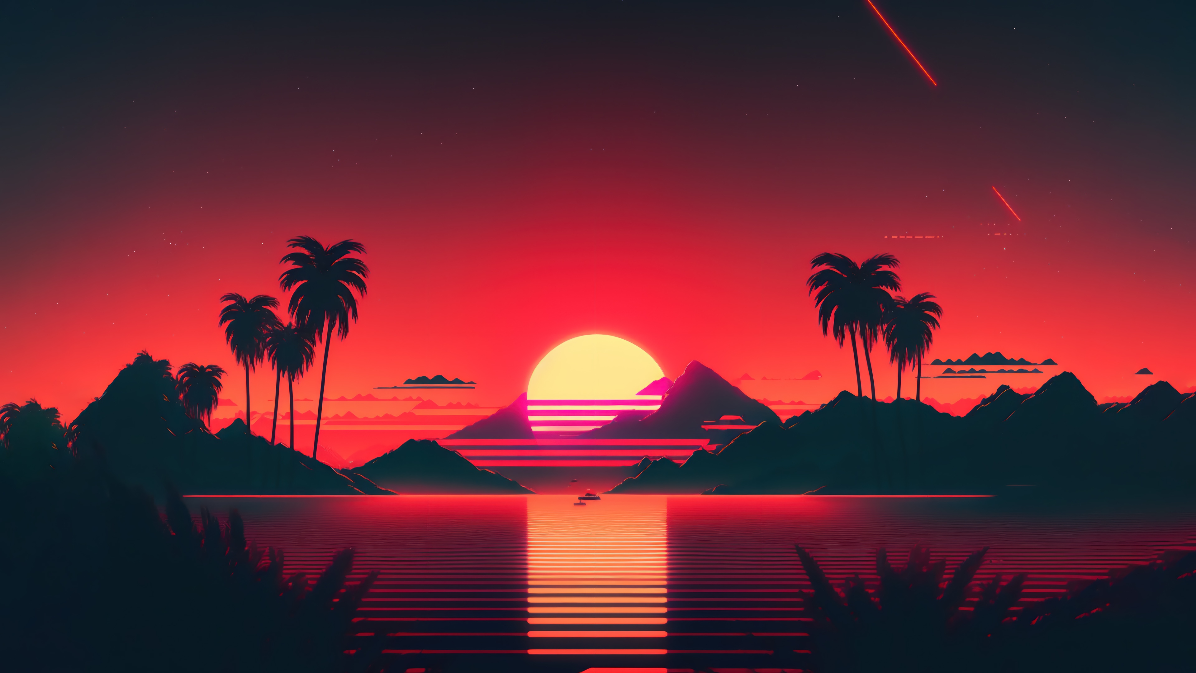 Synthwave Sunset Over Water with Palm Trees and Mountains HD Wallpaper