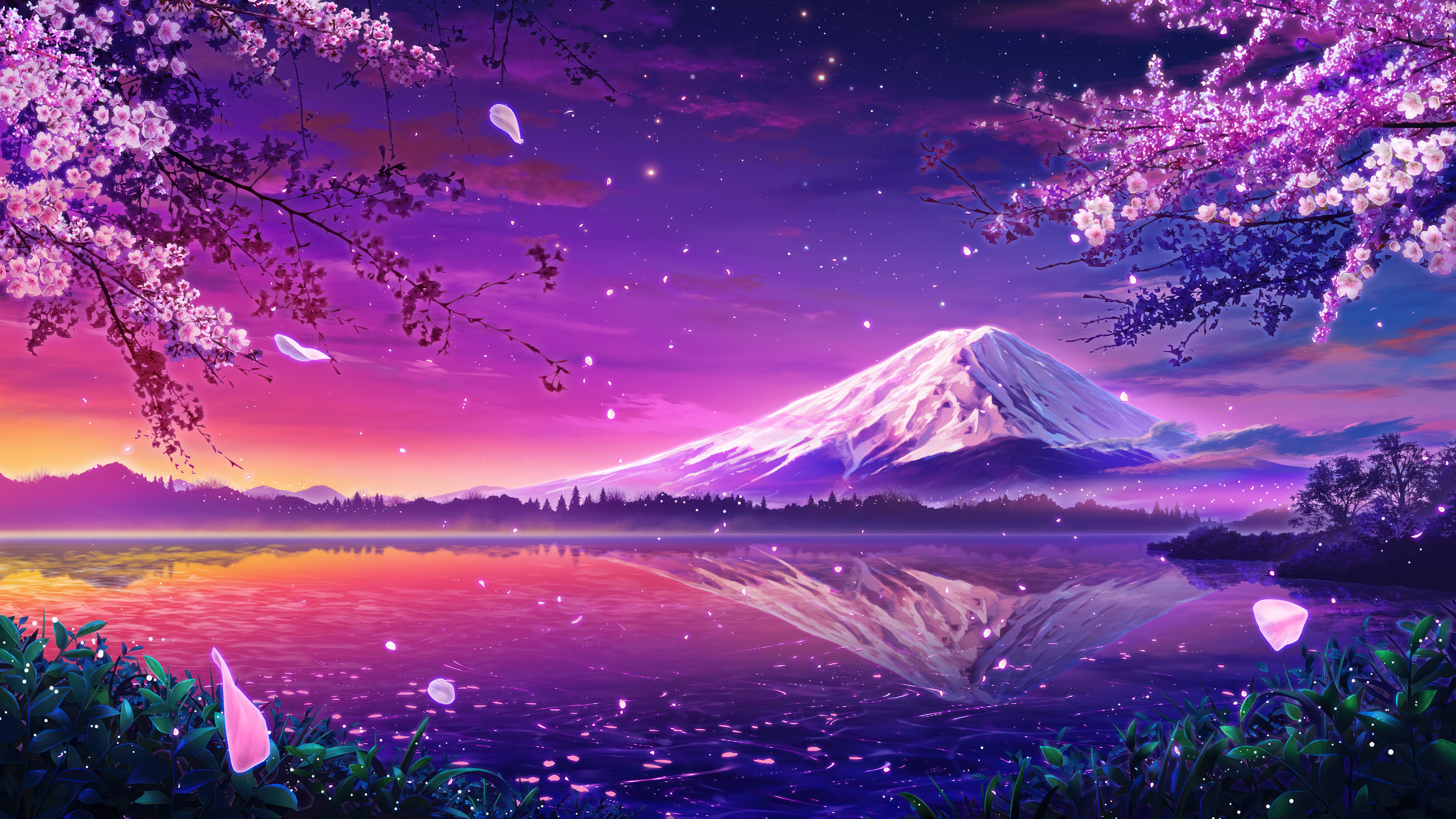 Mount Fuji and Cherry Blossoms at Sunset 4K HD Wallpaper