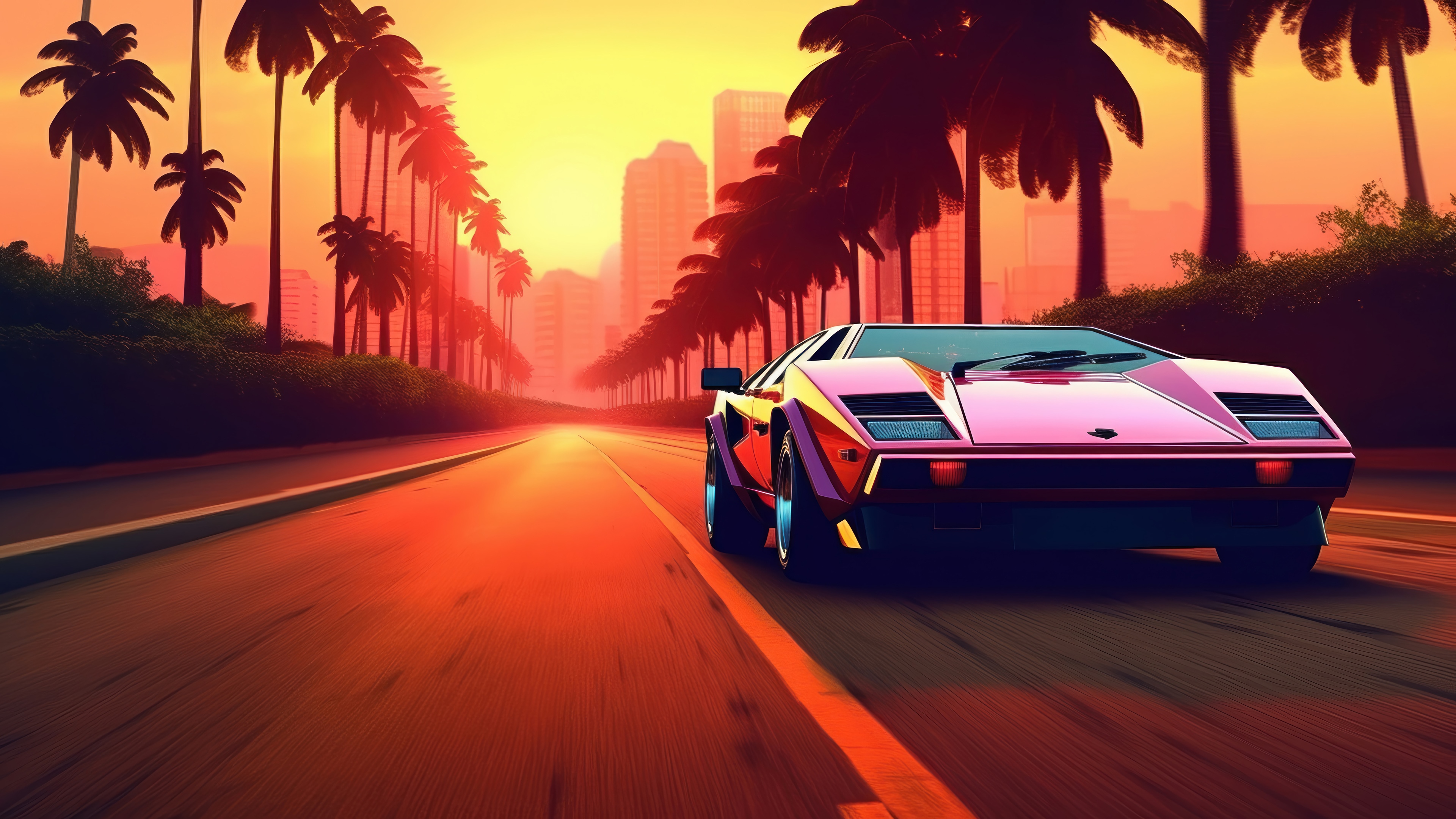Pink Lamborghini on a Sunset Street HD Wallpaper