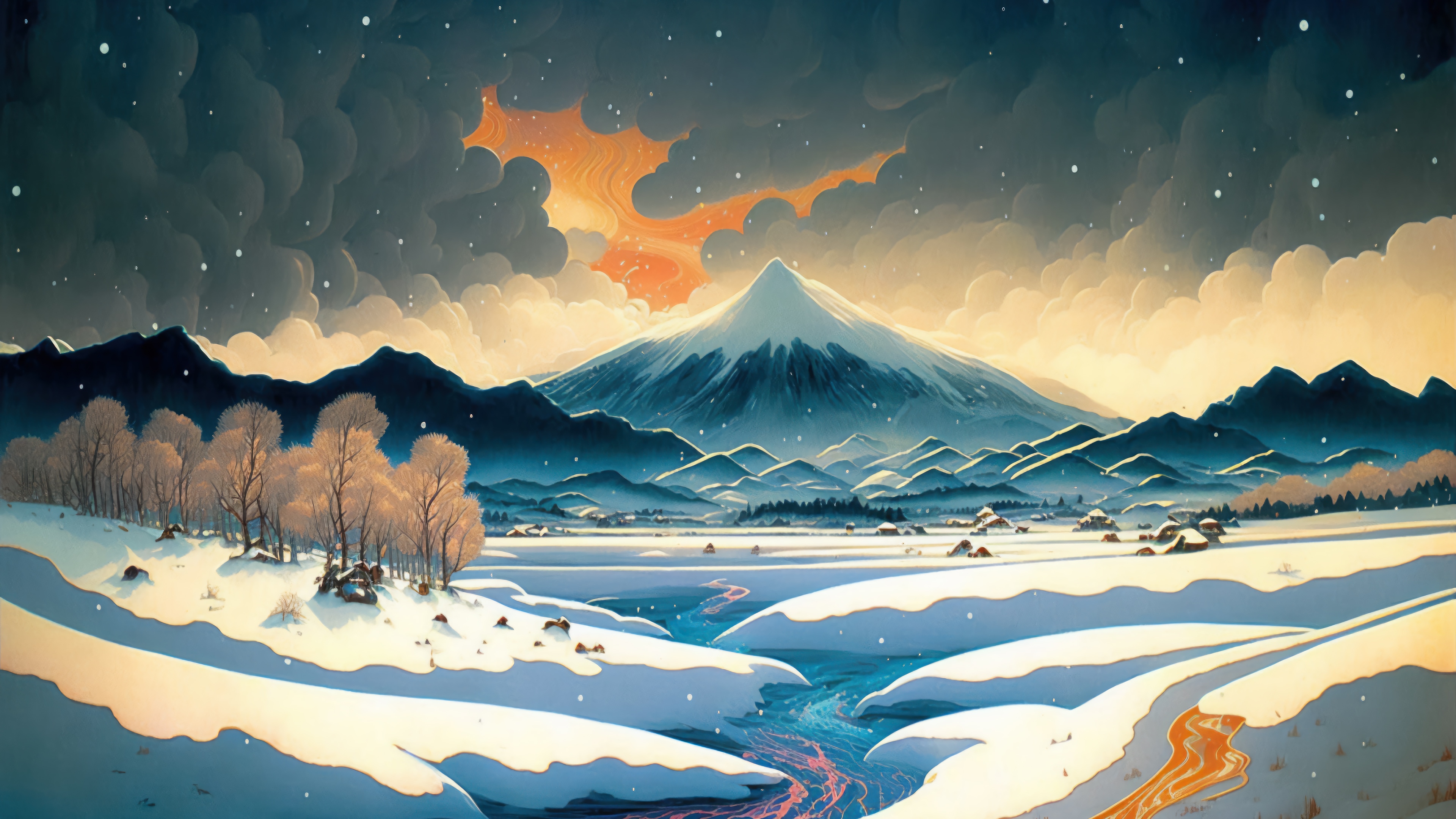 Snowy Mountain Landscape with Orange Clouds 4K HD Wallpaper