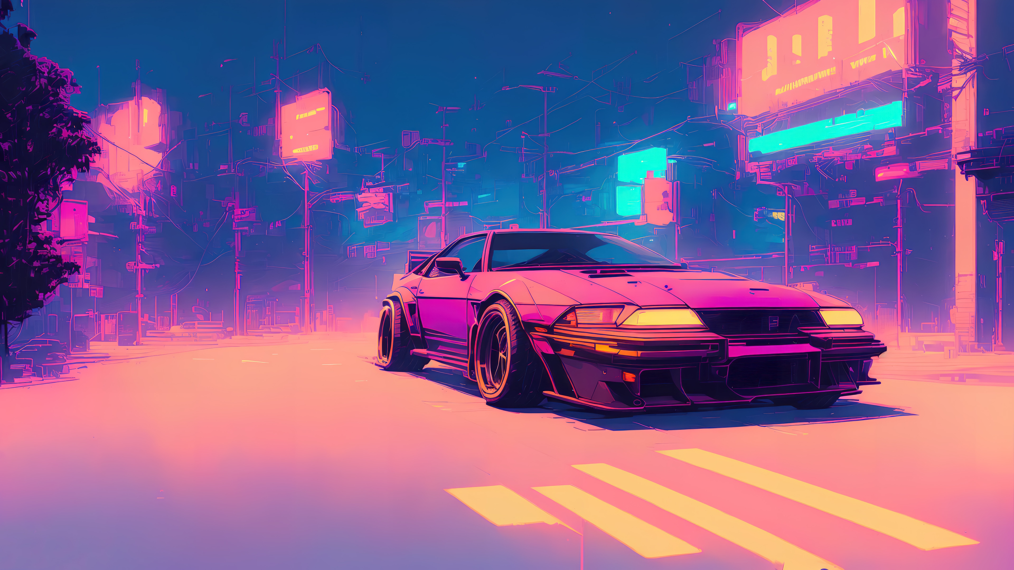 Synthwave Sports Car in Neon City HD Wallpaper