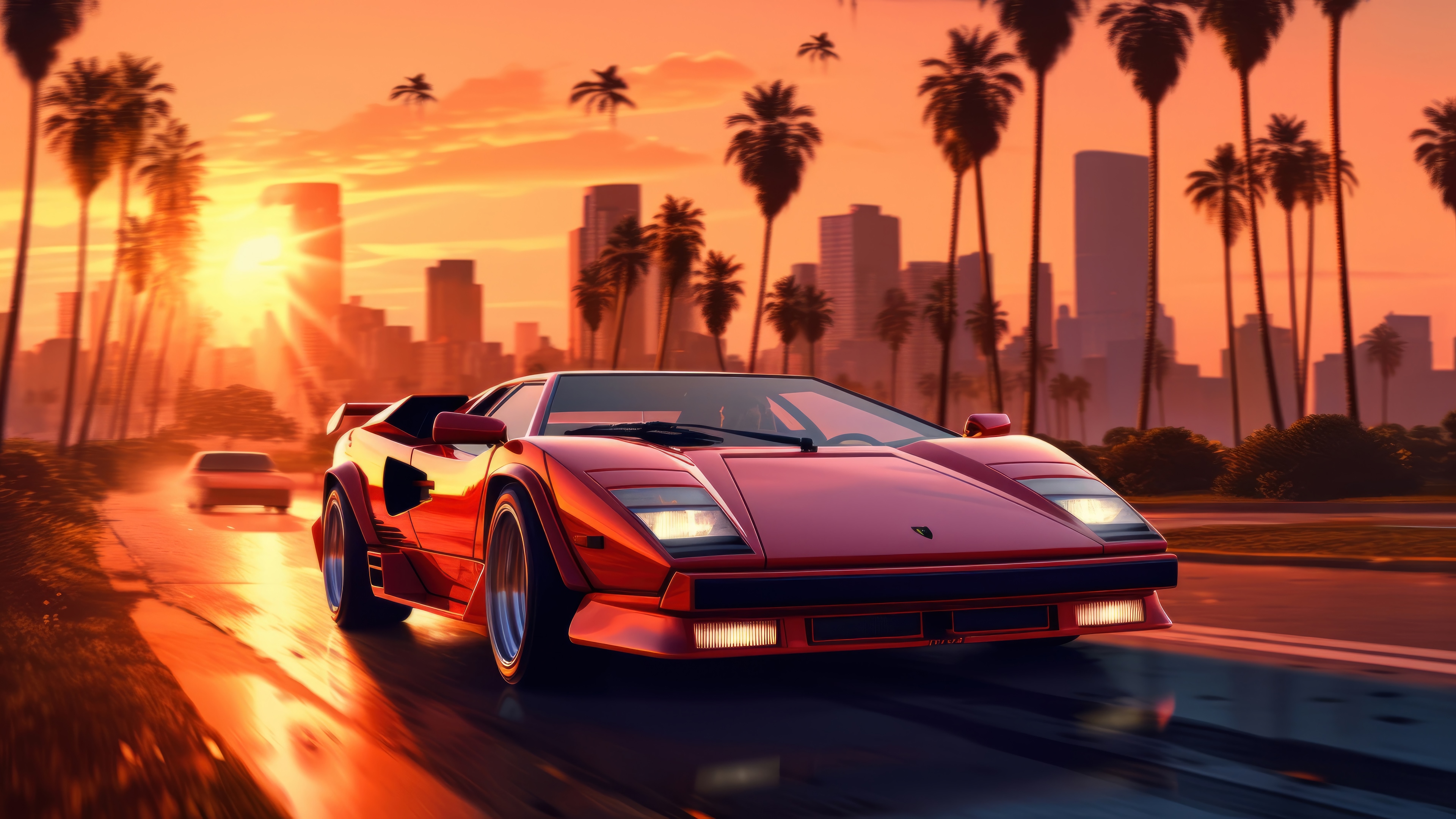 Red Sports Car Driving at Sunset with Cityscape and Palm Trees 4K HD Wallpaper