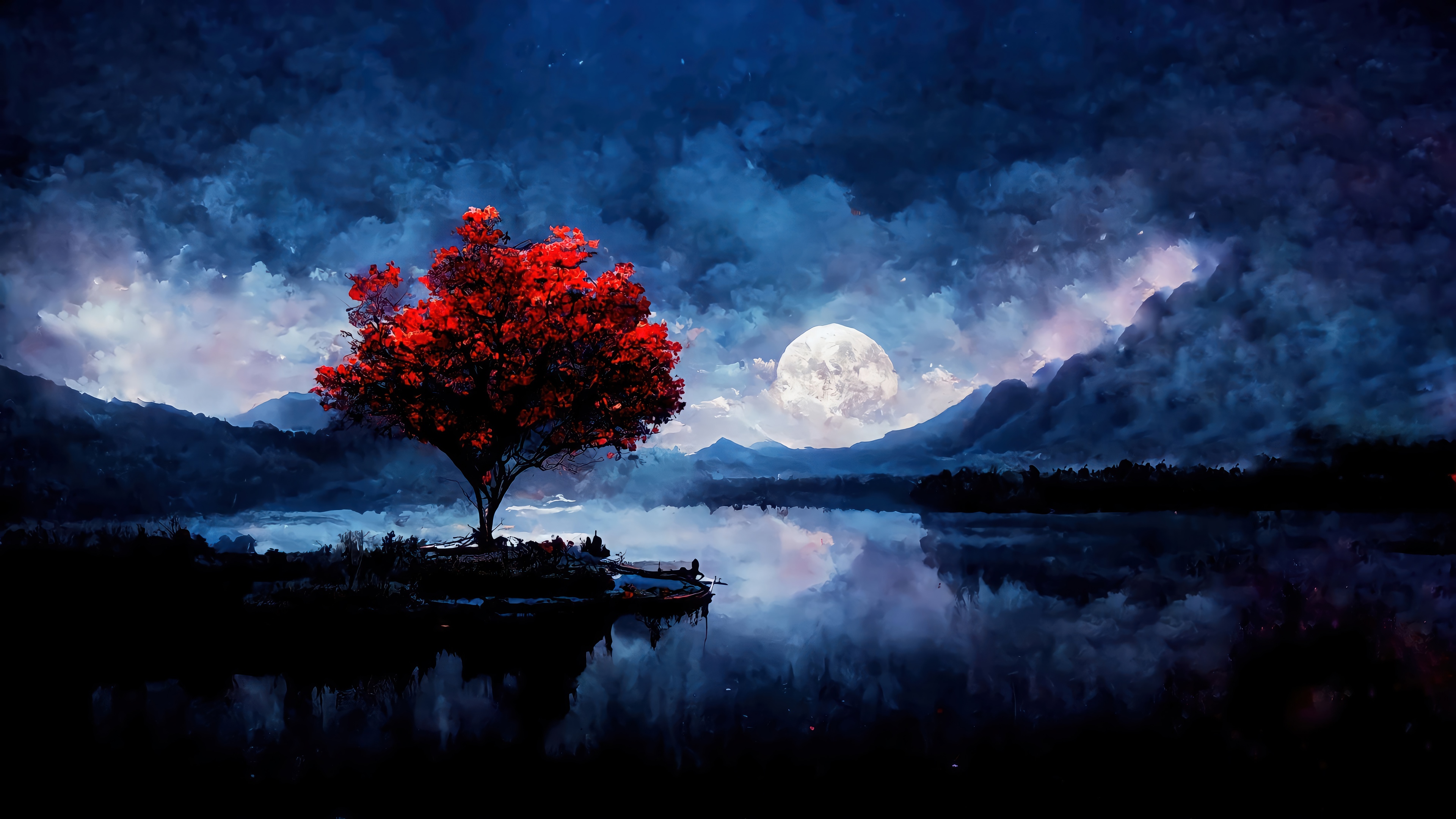 Red Tree by a Lake under the Moon HD Wallpaper