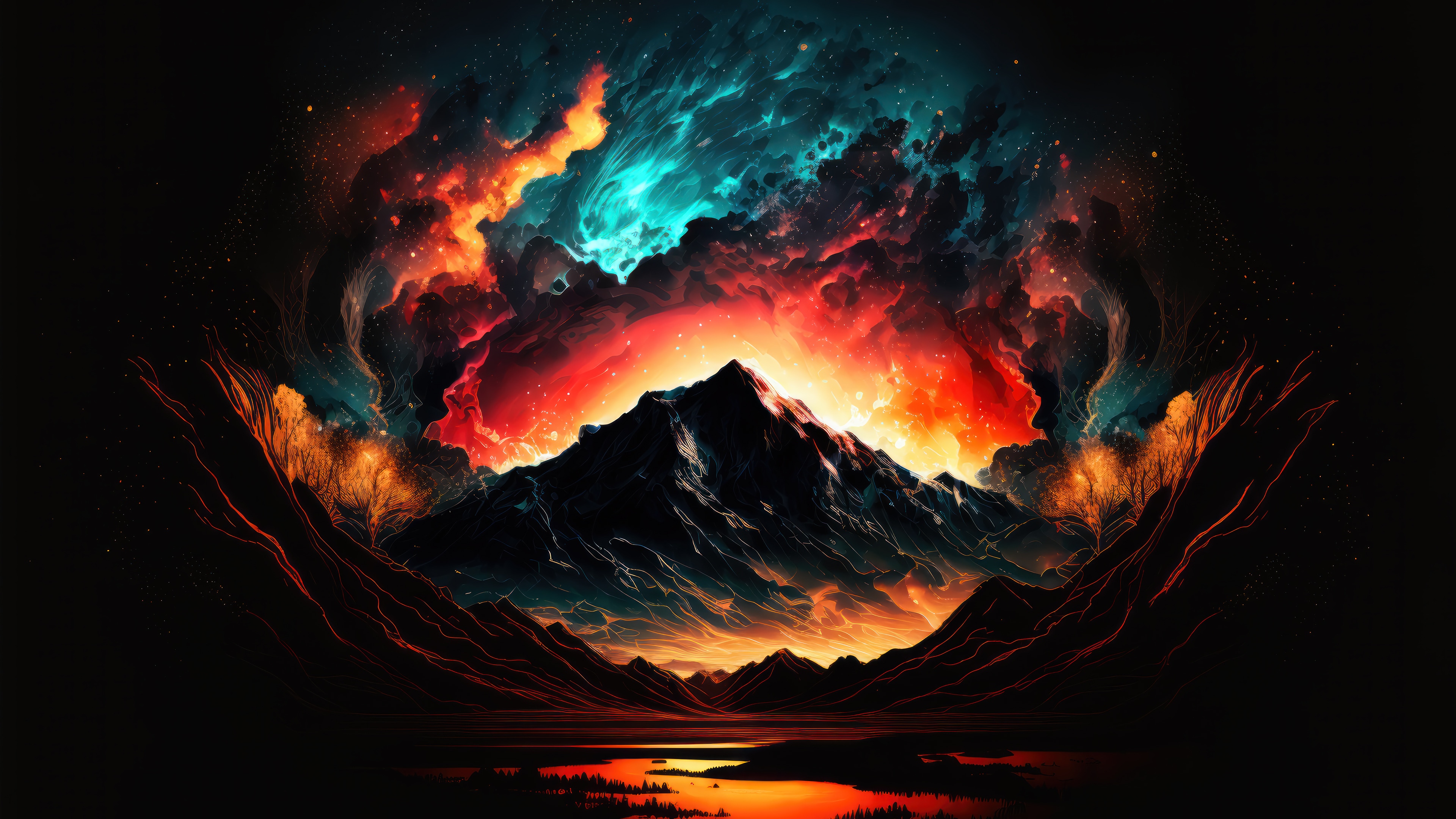 Mountain peak with fiery nebula sky 4K HD Wallpaper