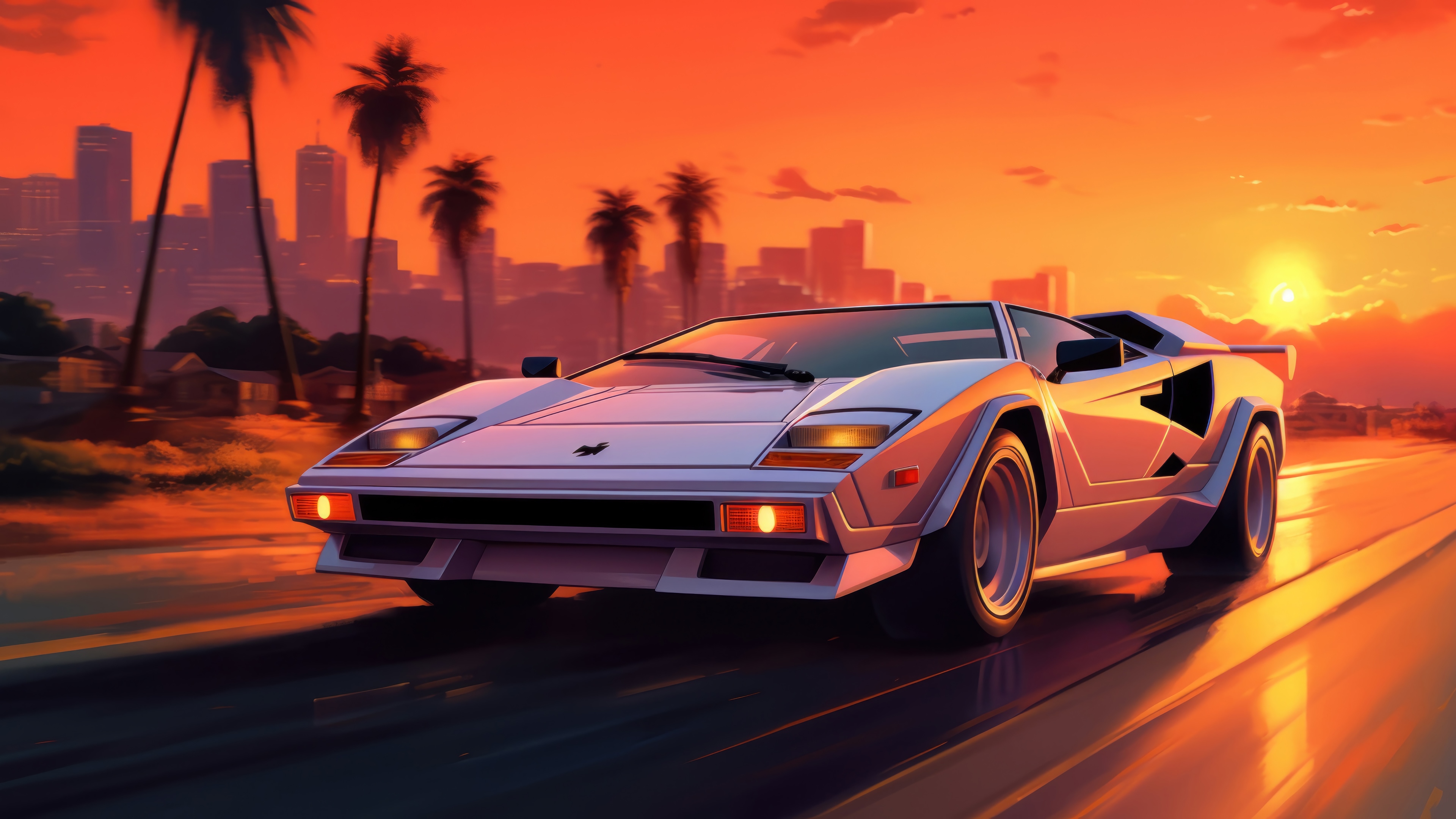 White Lamborghini Countach driving at sunset with city skyline HD Wallpaper