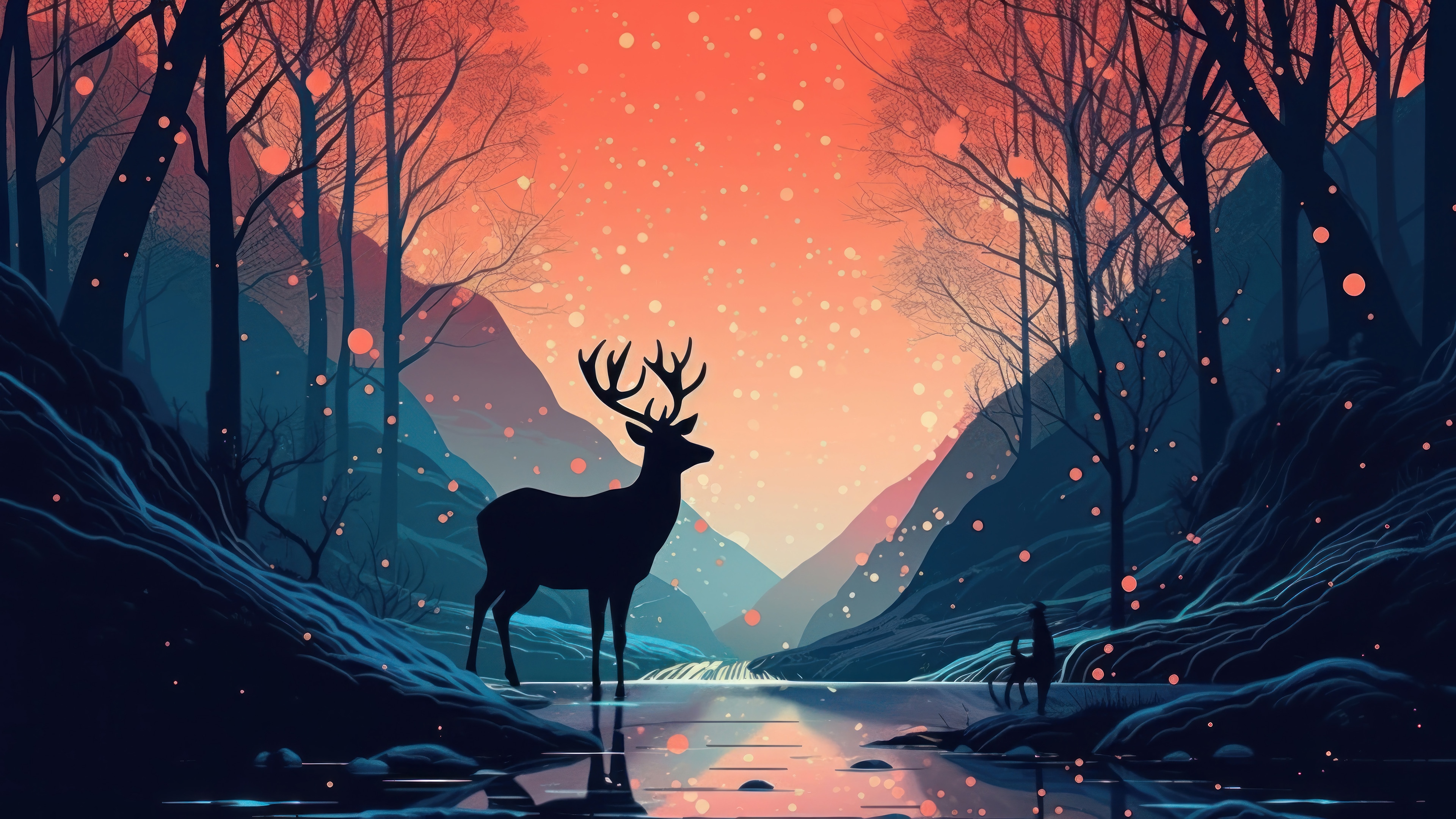 Silhouette of a deer in a minimalist forest landscape HD Wallpaper