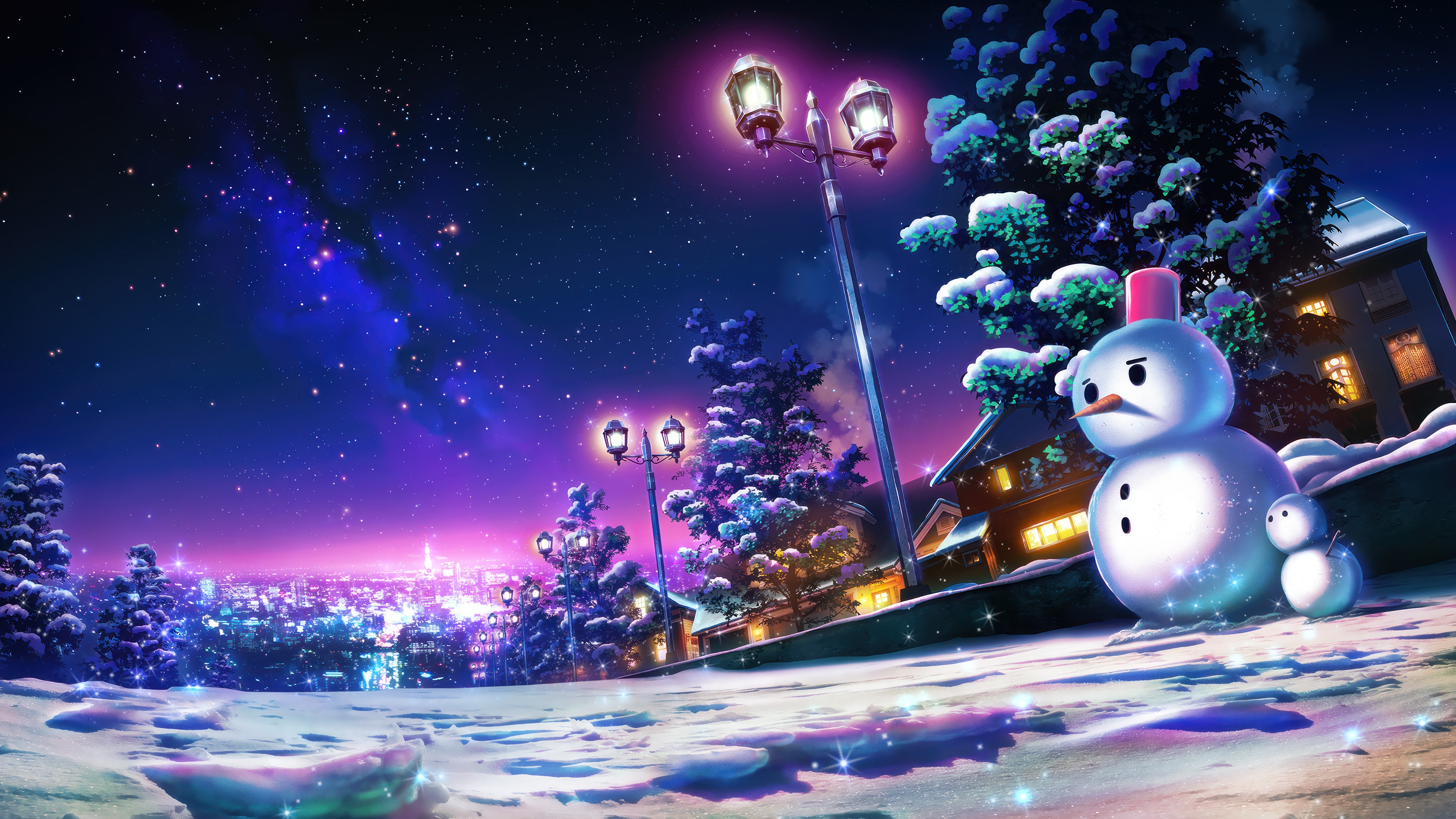 Christmas Snowman Under a Starry Night Sky 4K HD Wallpaper