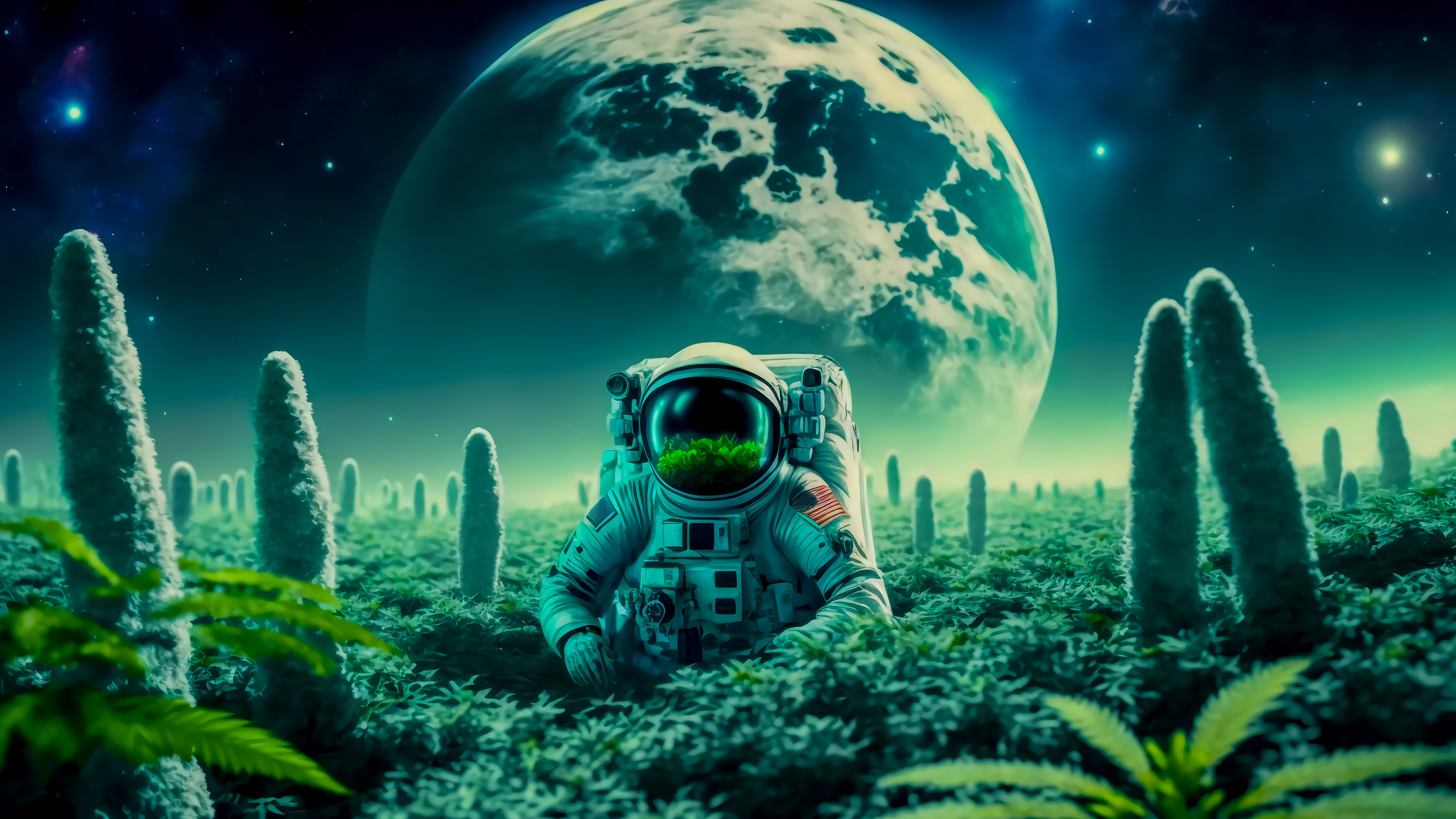 Astronaut on an alien planet with a large planet in the sky HD Wallpaper