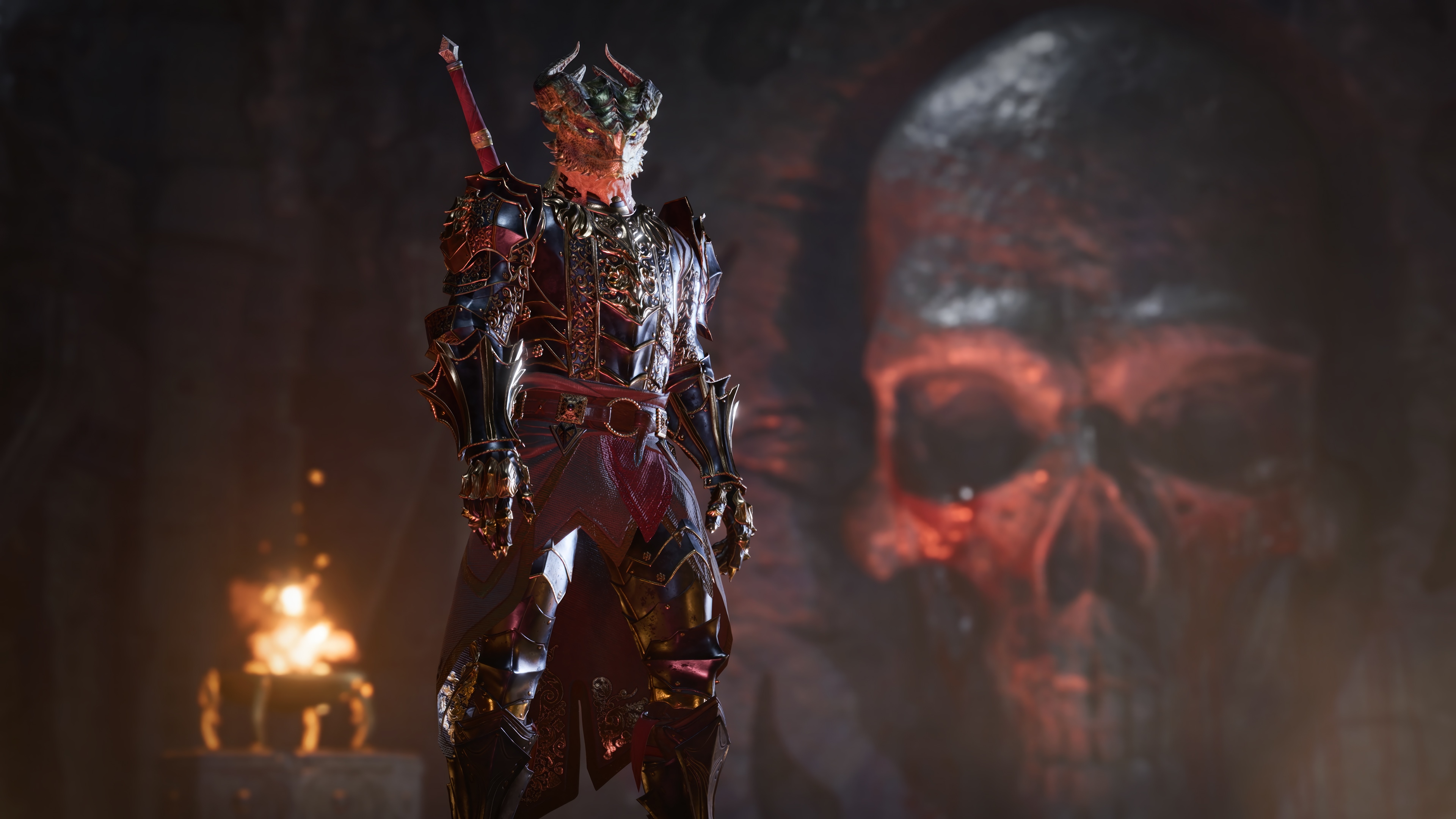 Dragonborn Warrior in Armor with Skull Background 4K HD Wallpaper