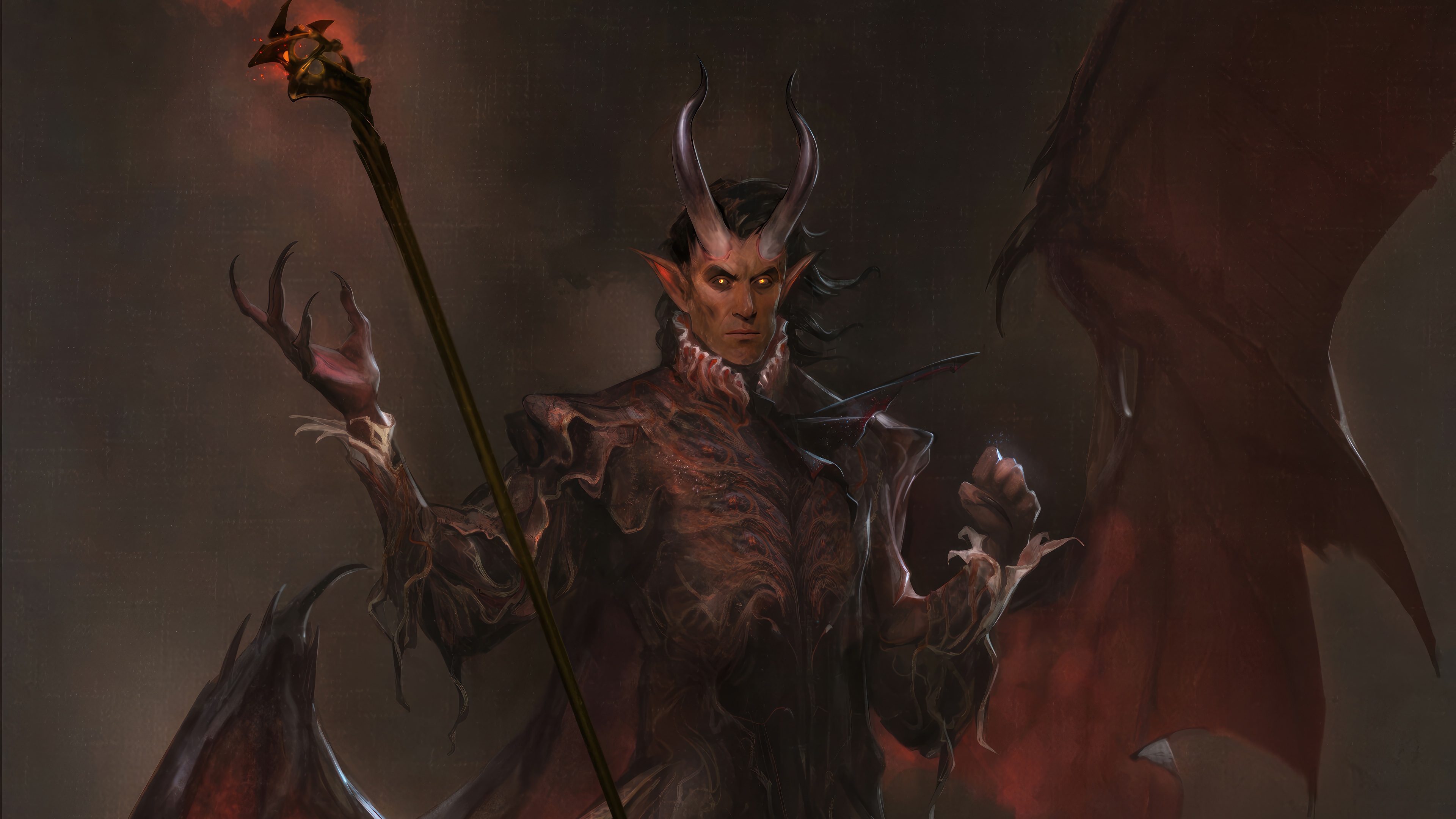 Devil with Horns and Wings Holding a Staff HD Wallpaper