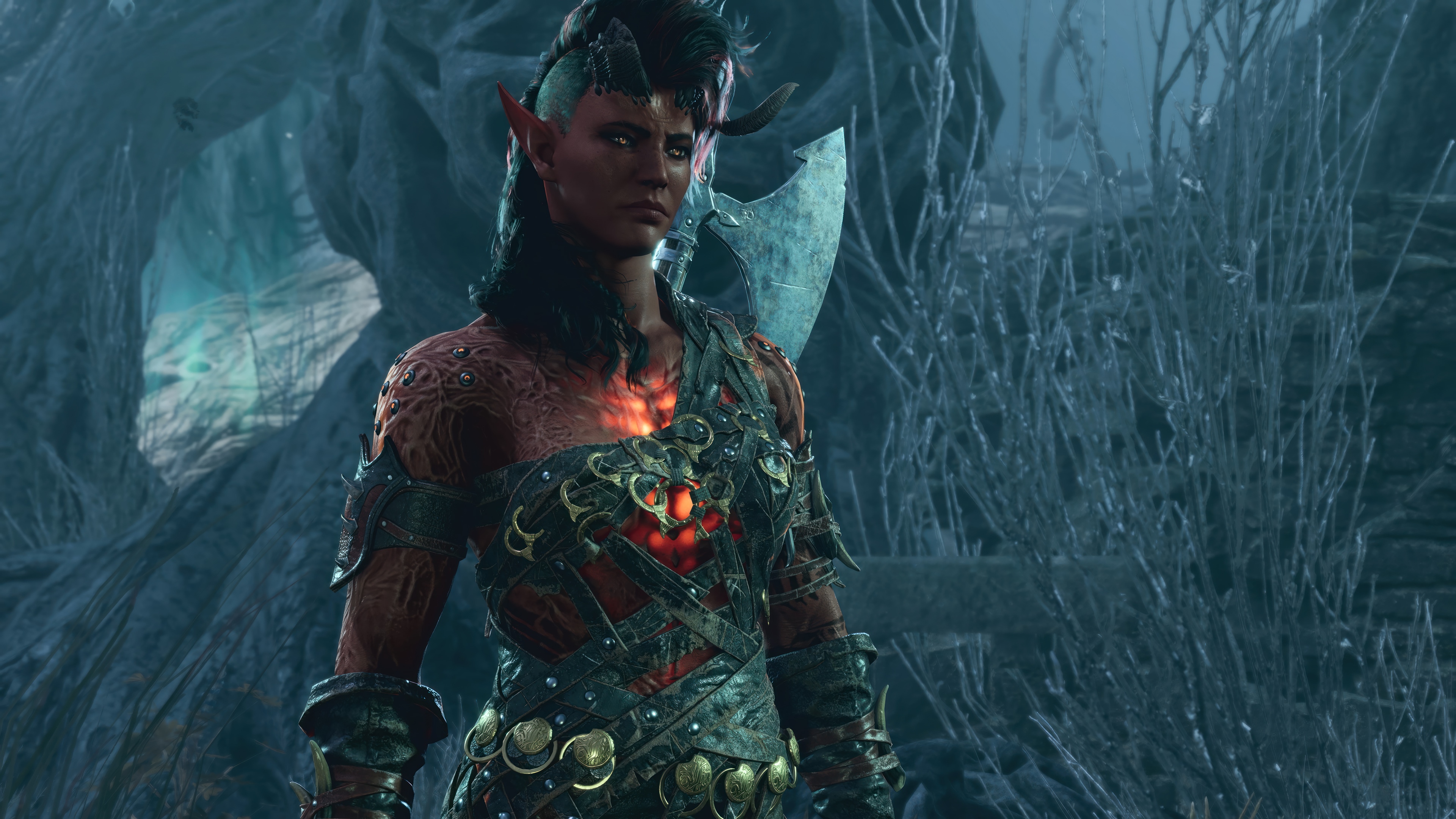 Tiefling Warrior with Axe in Cave 4K HD Wallpaper