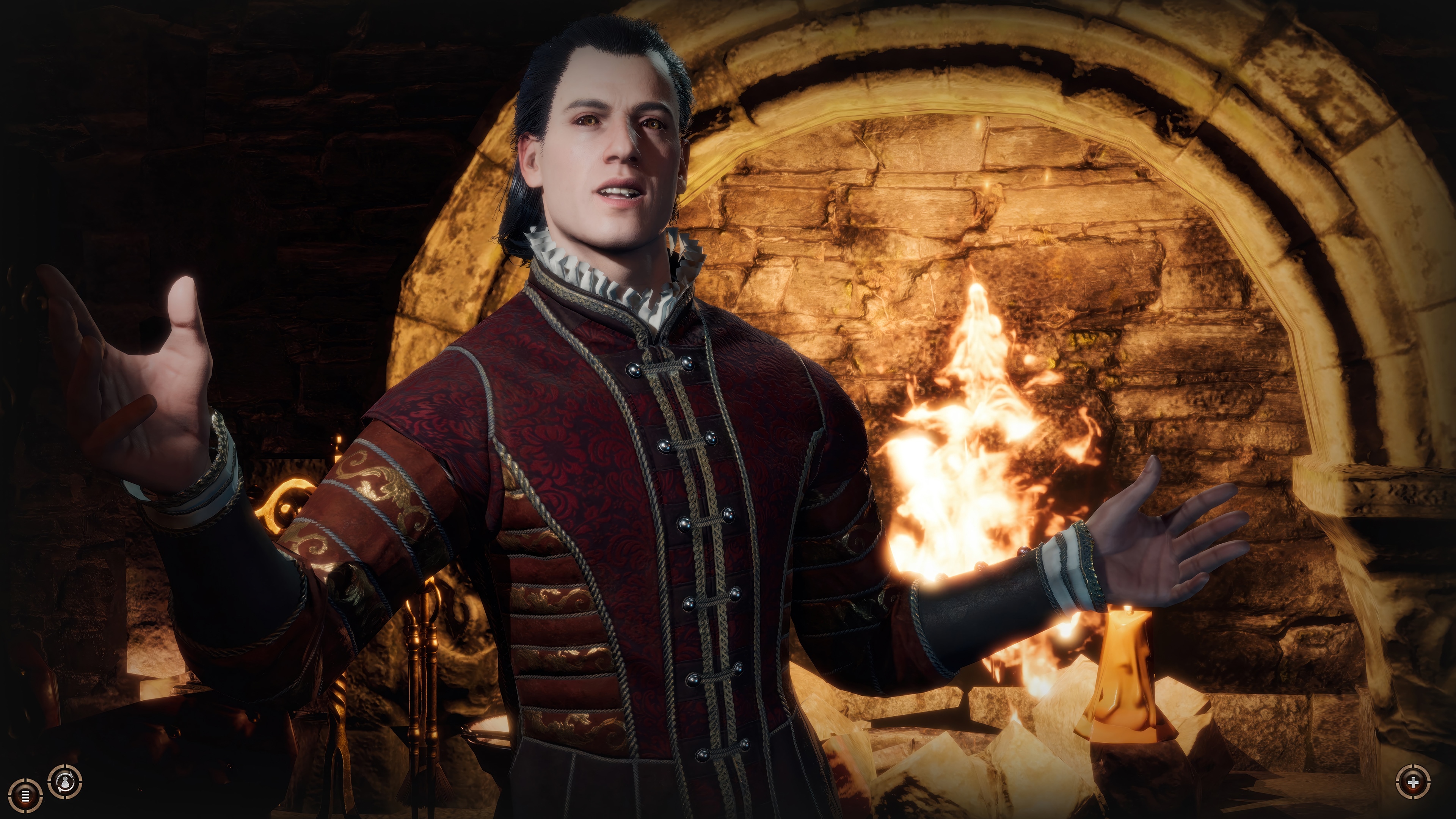 Man in ornate red jacket by fireplace HD Wallpaper