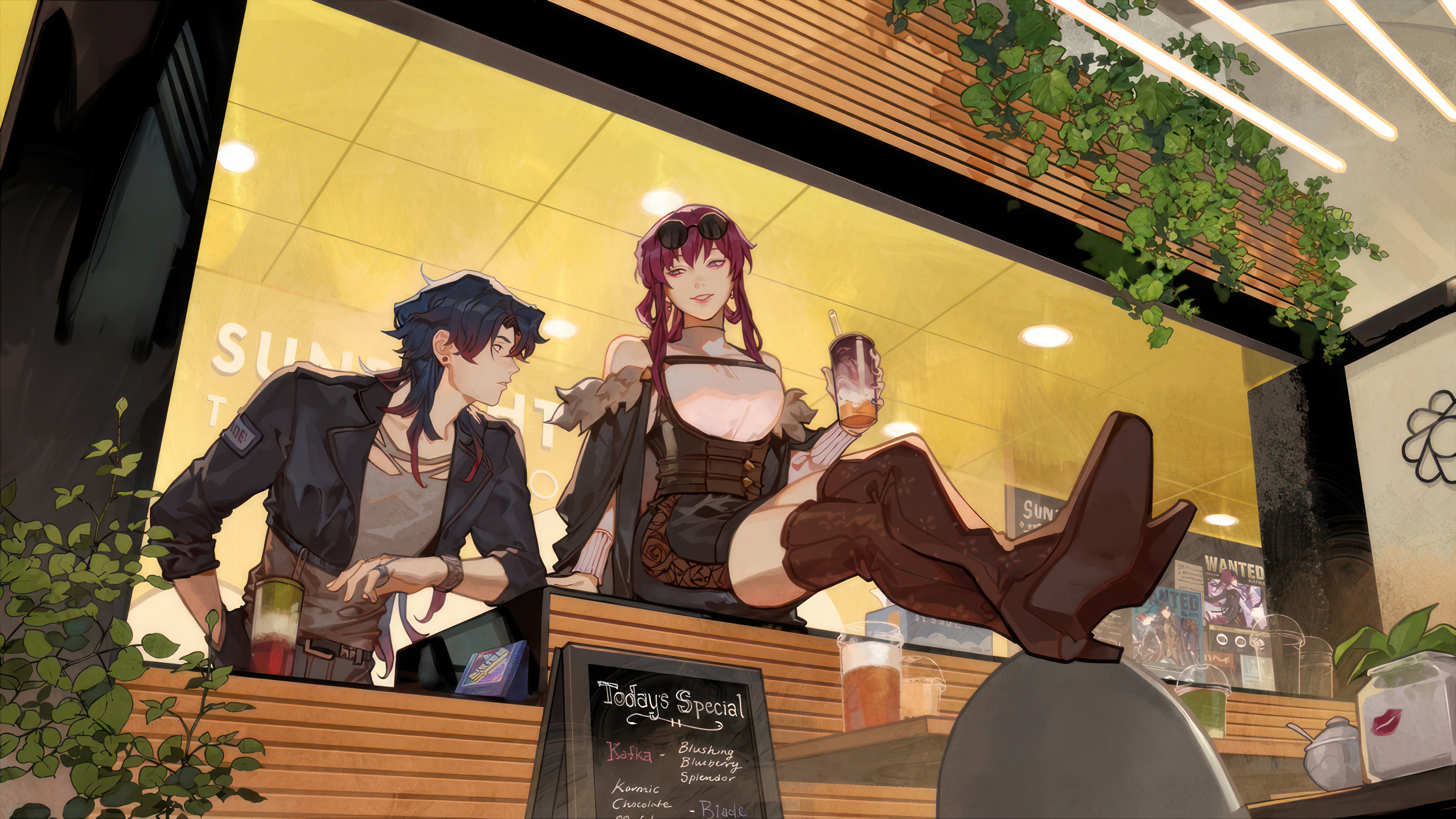 Kafka and Blade from Honkai: Star Rail at a cafe HD Wallpaper