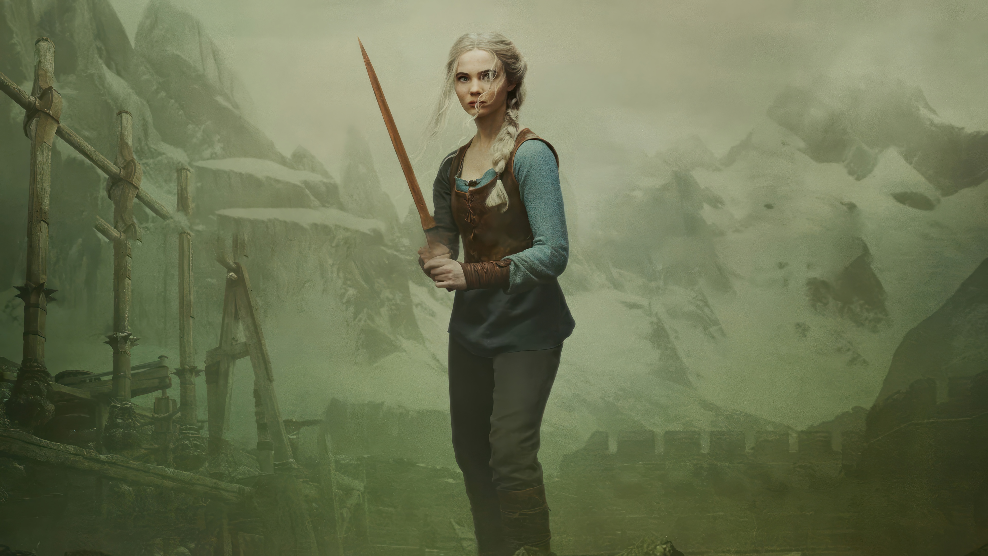 Ciri from The Witcher holding a sword in mountains HD Wallpaper