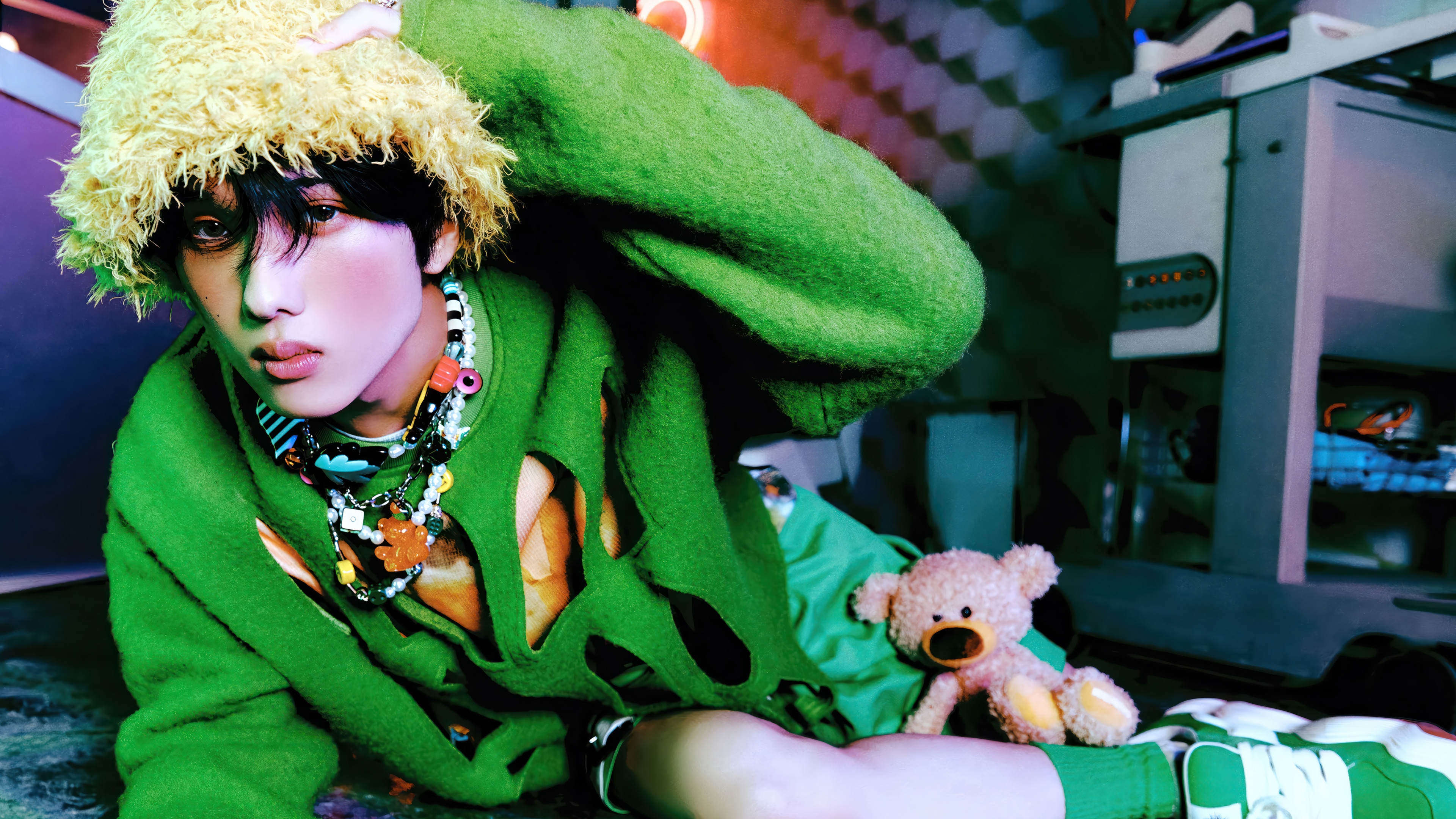 Jisung from NCT DREAM in green outfit 4K HD Wallpaper