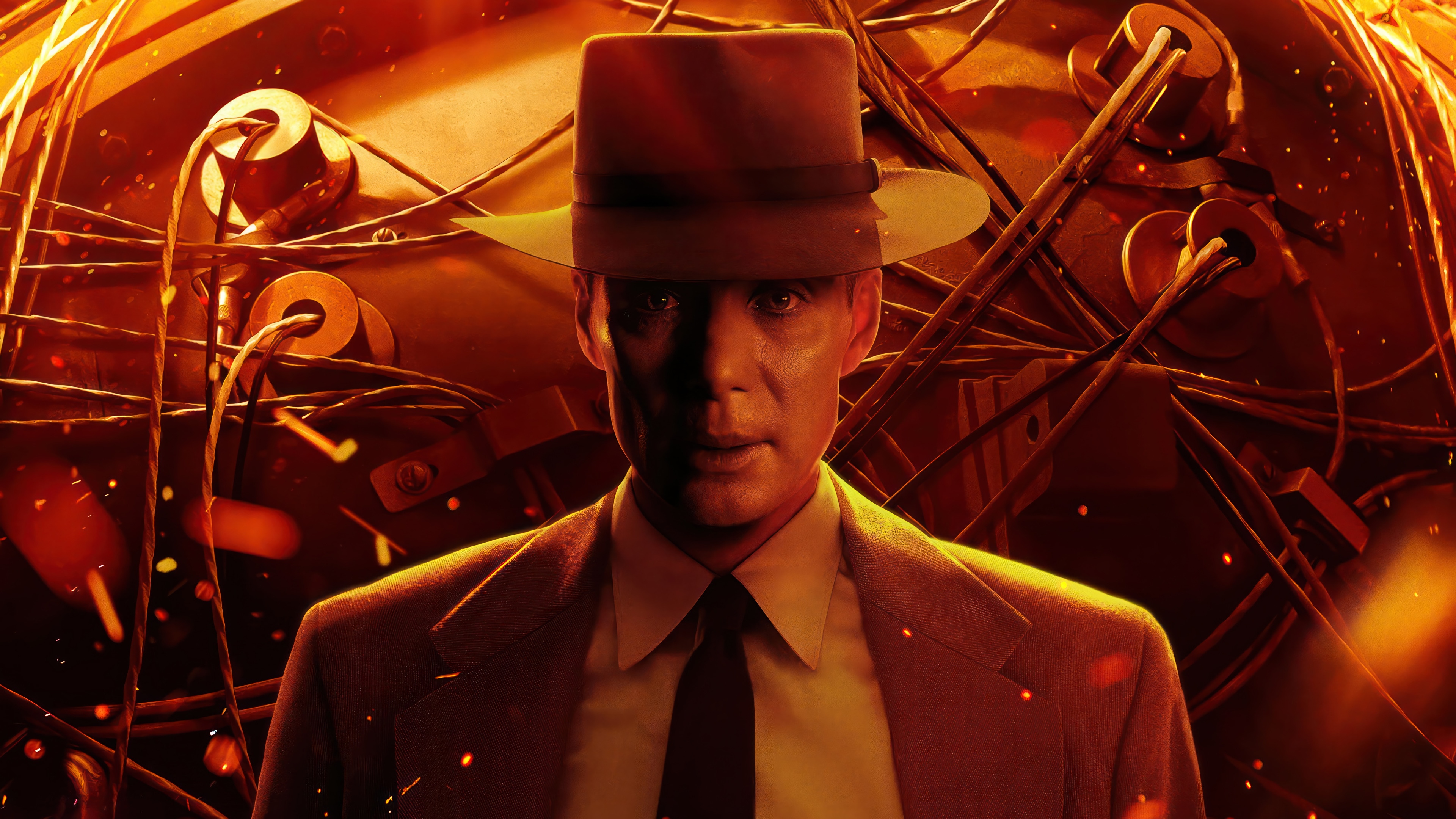 Oppenheimer in a suit and hat with wires HD Wallpaper