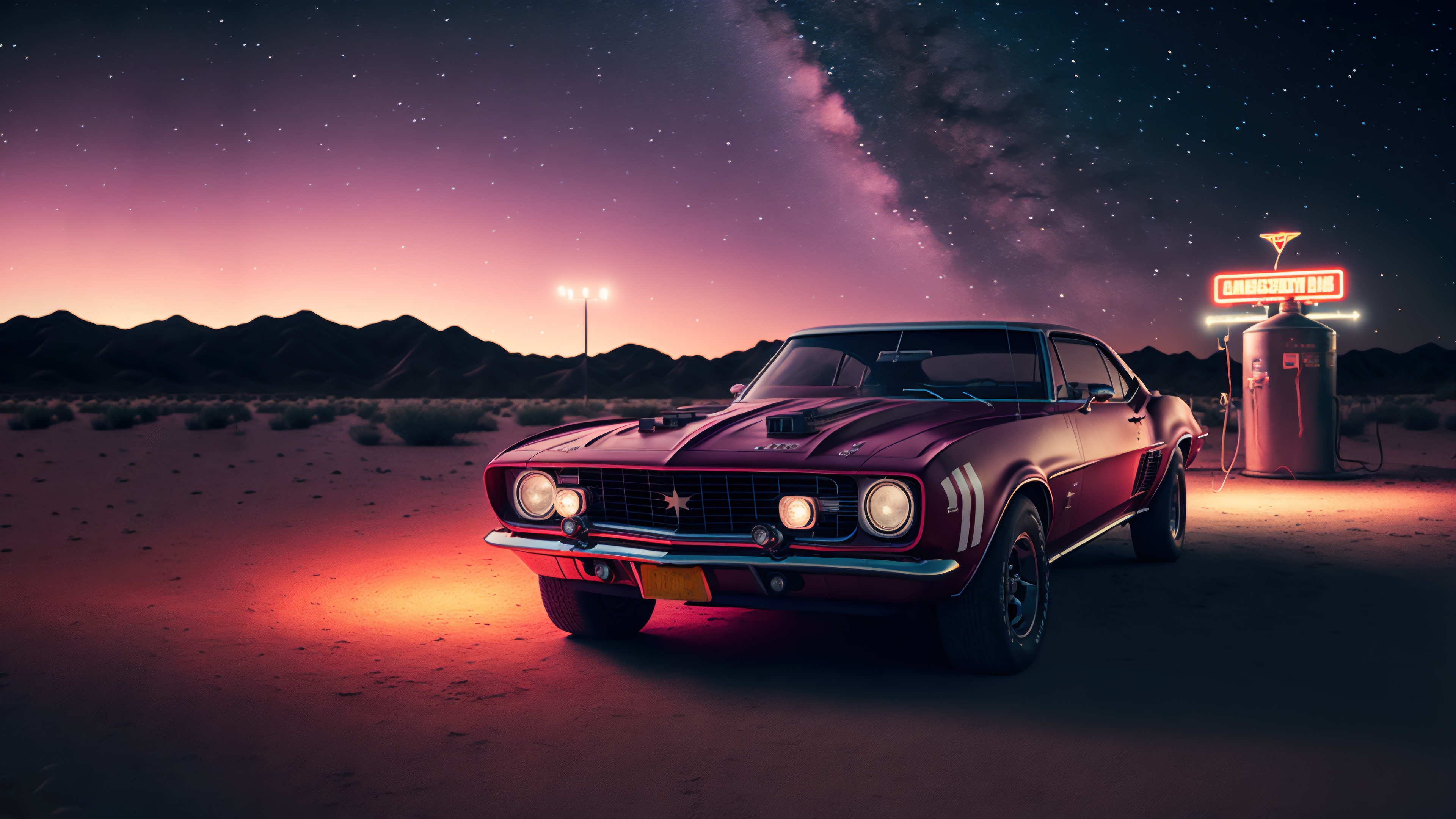 Red Sports Car at a Desert Gas Station Under the Stars HD Wallpaper