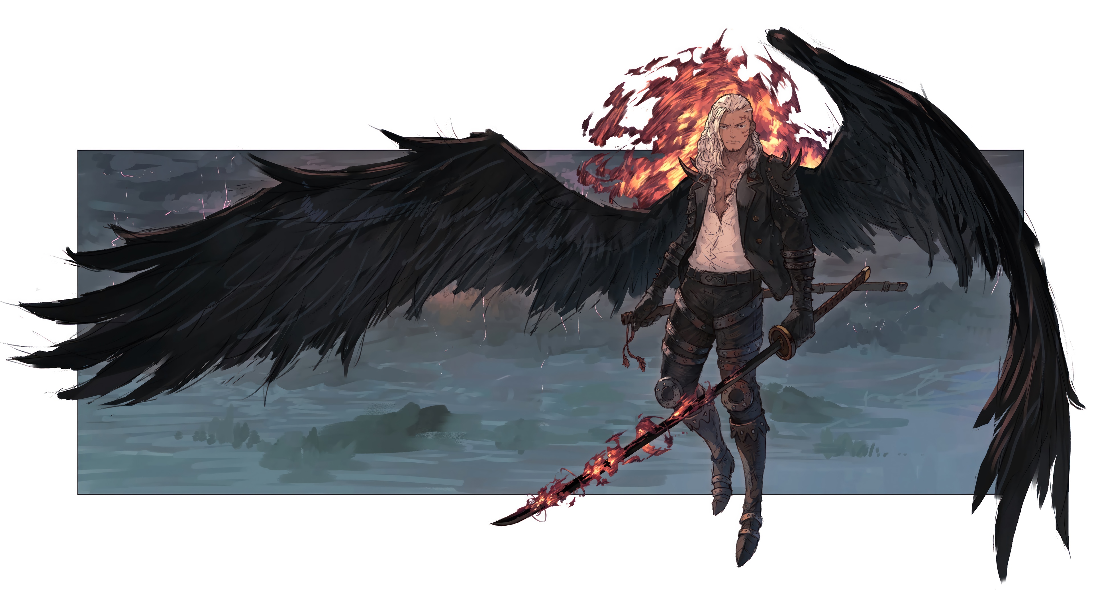 Anime character with black wings and flaming sword HD Wallpaper