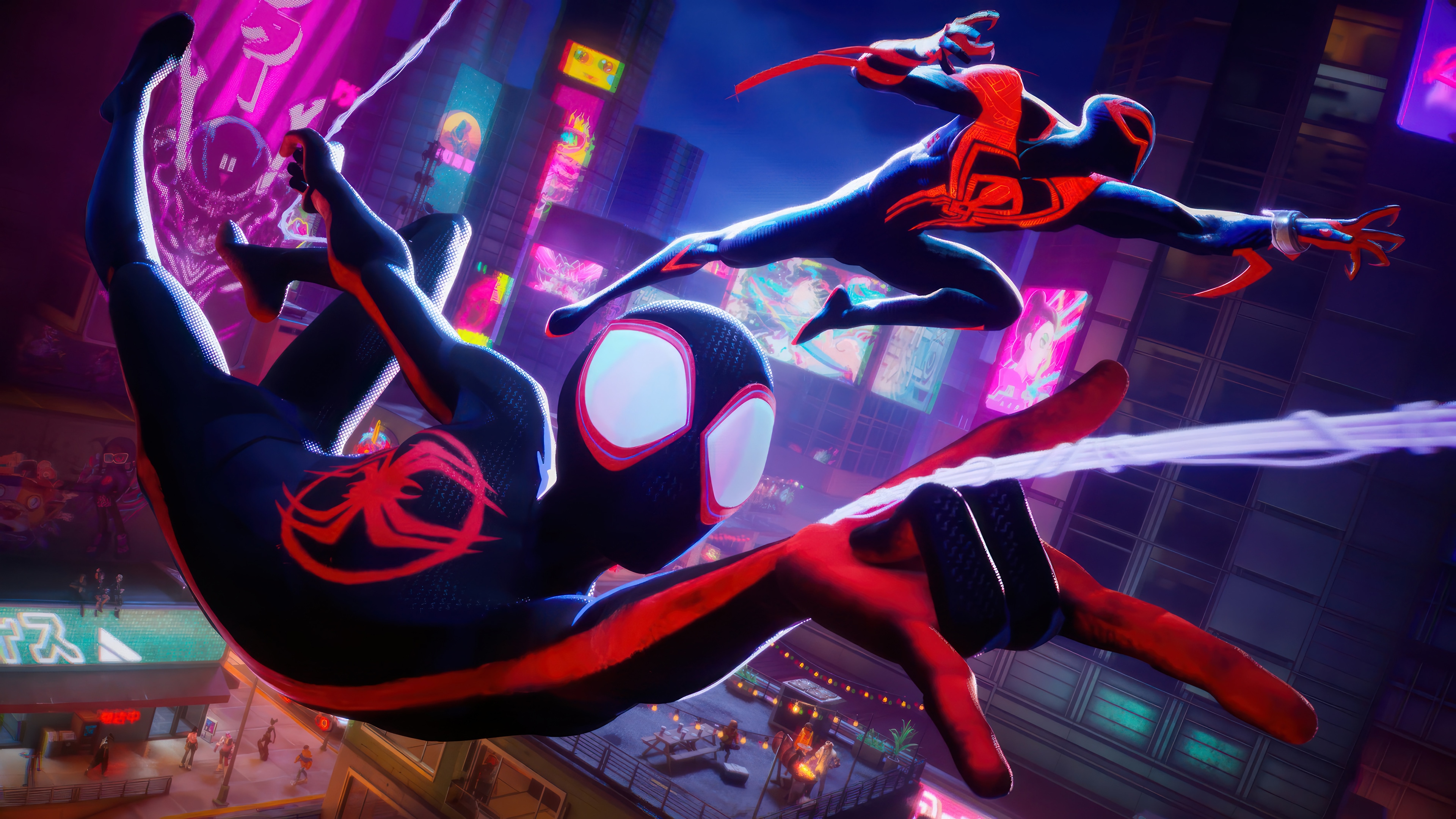 Miles Morales and Spider-Man 2099 in a city HD Wallpaper