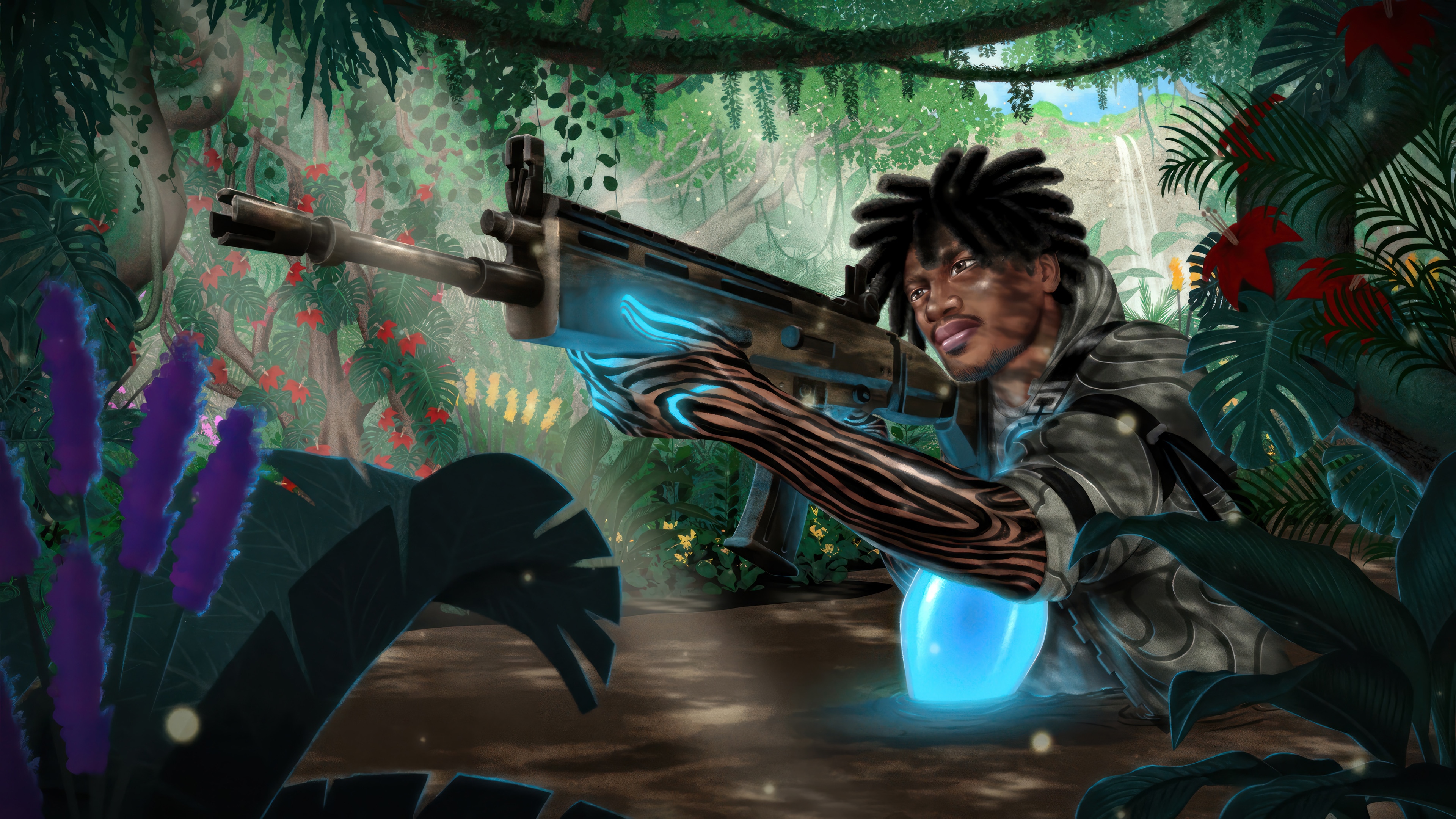 Fortnite character with futuristic rifle in jungle HD Wallpaper