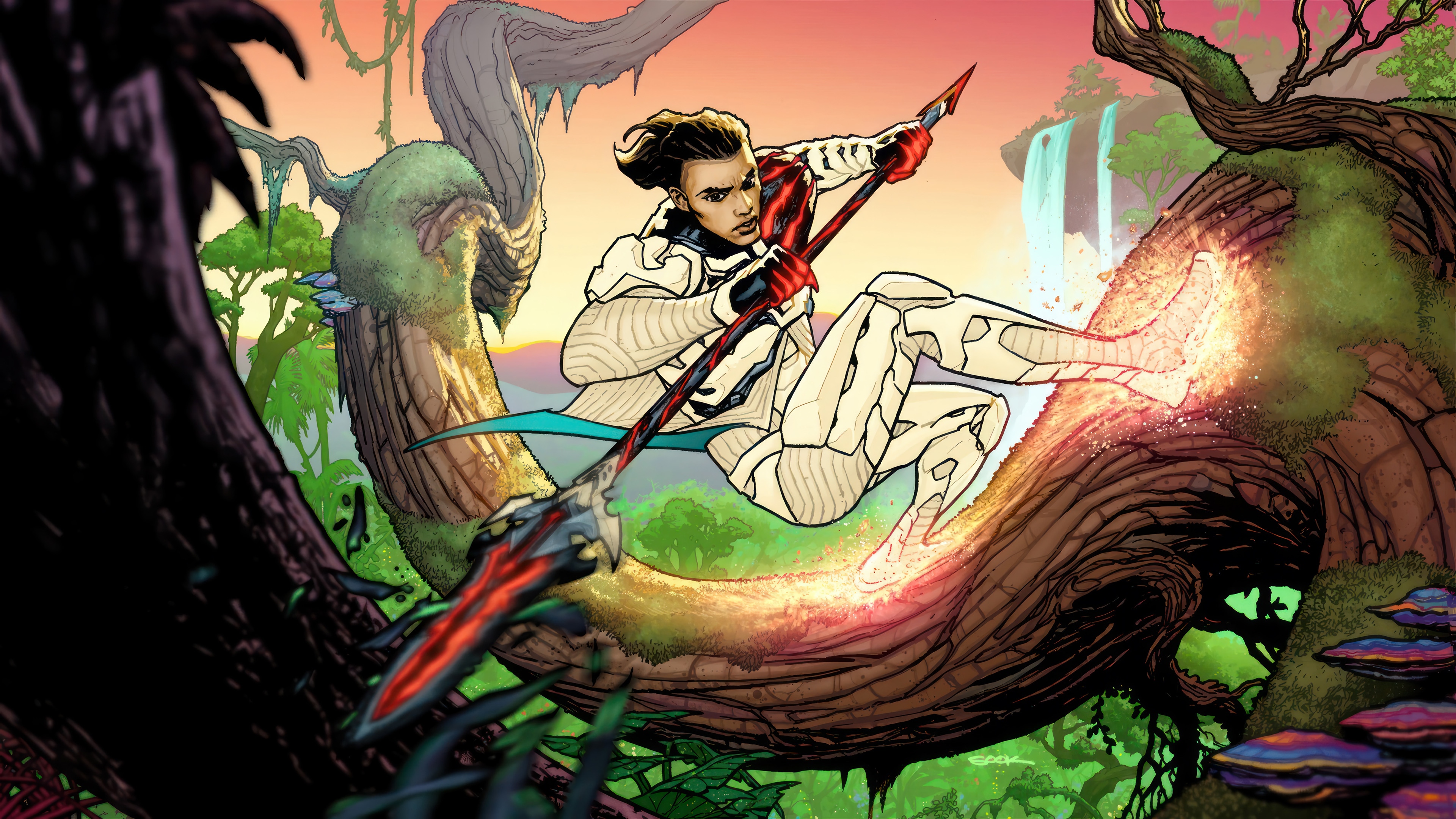 Fortnite character with spear in jungle HD Wallpaper
