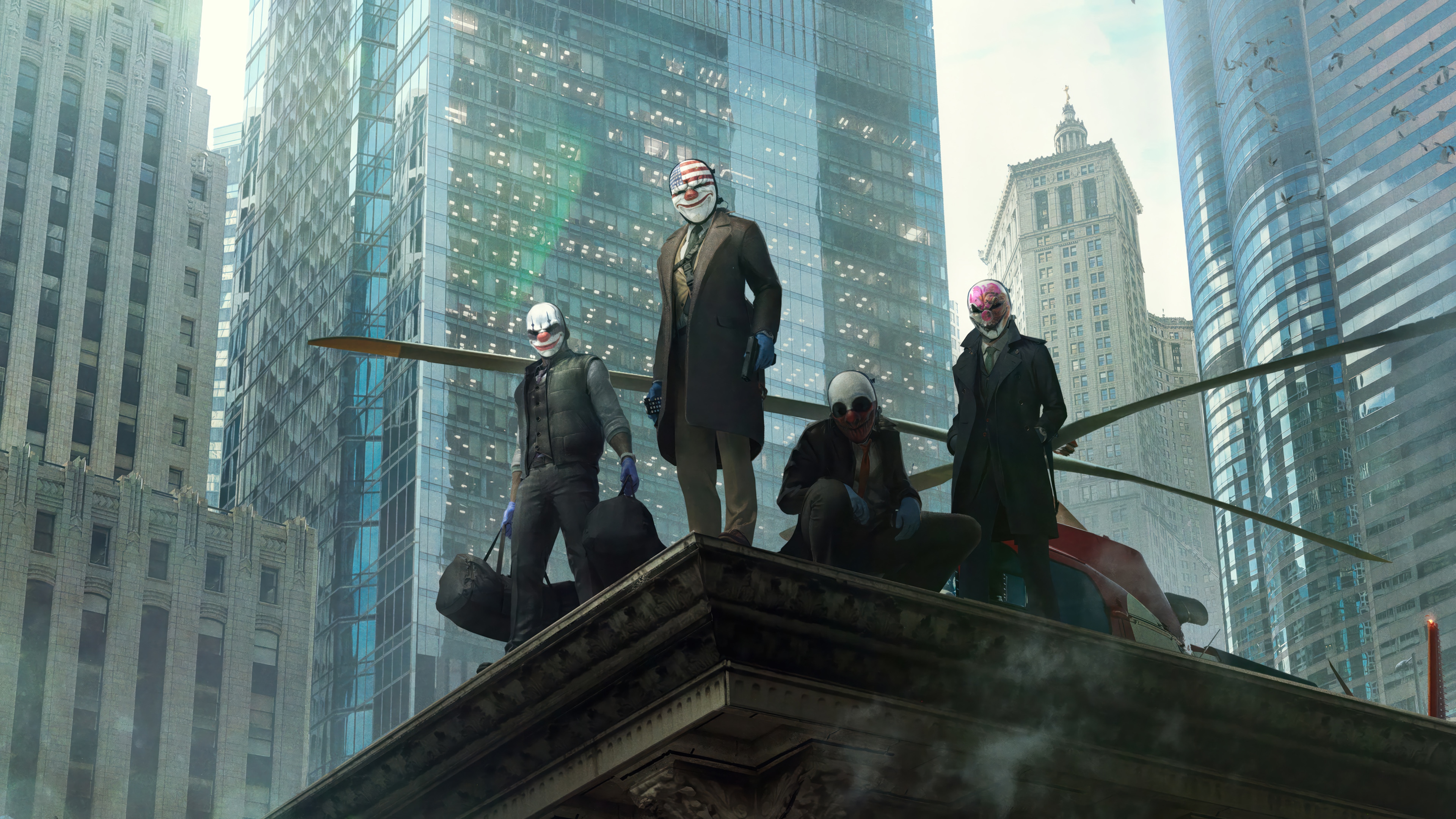 PAYDAY 3 characters on a rooftop with helicopter HD Wallpaper