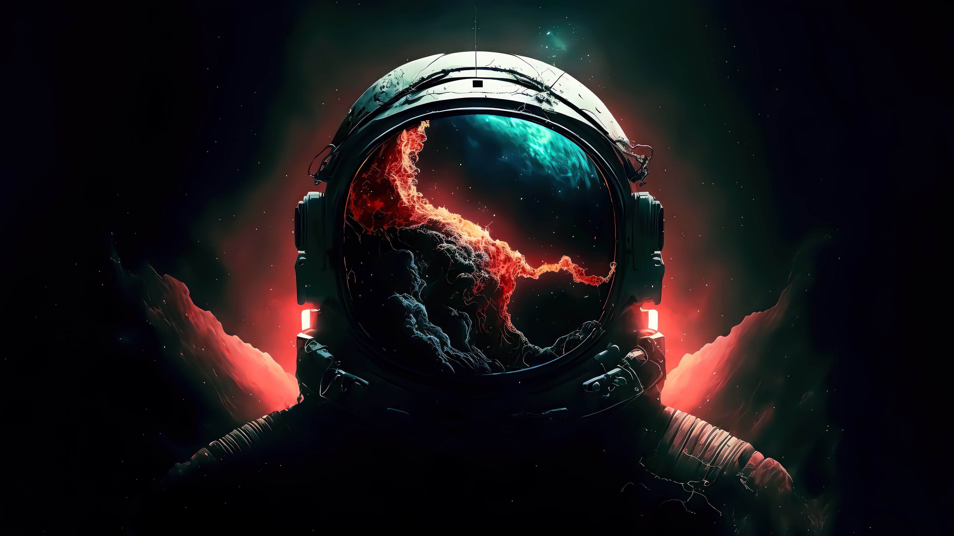 Astronaut helmet reflecting a colorful nebula in space HD Wallpaper