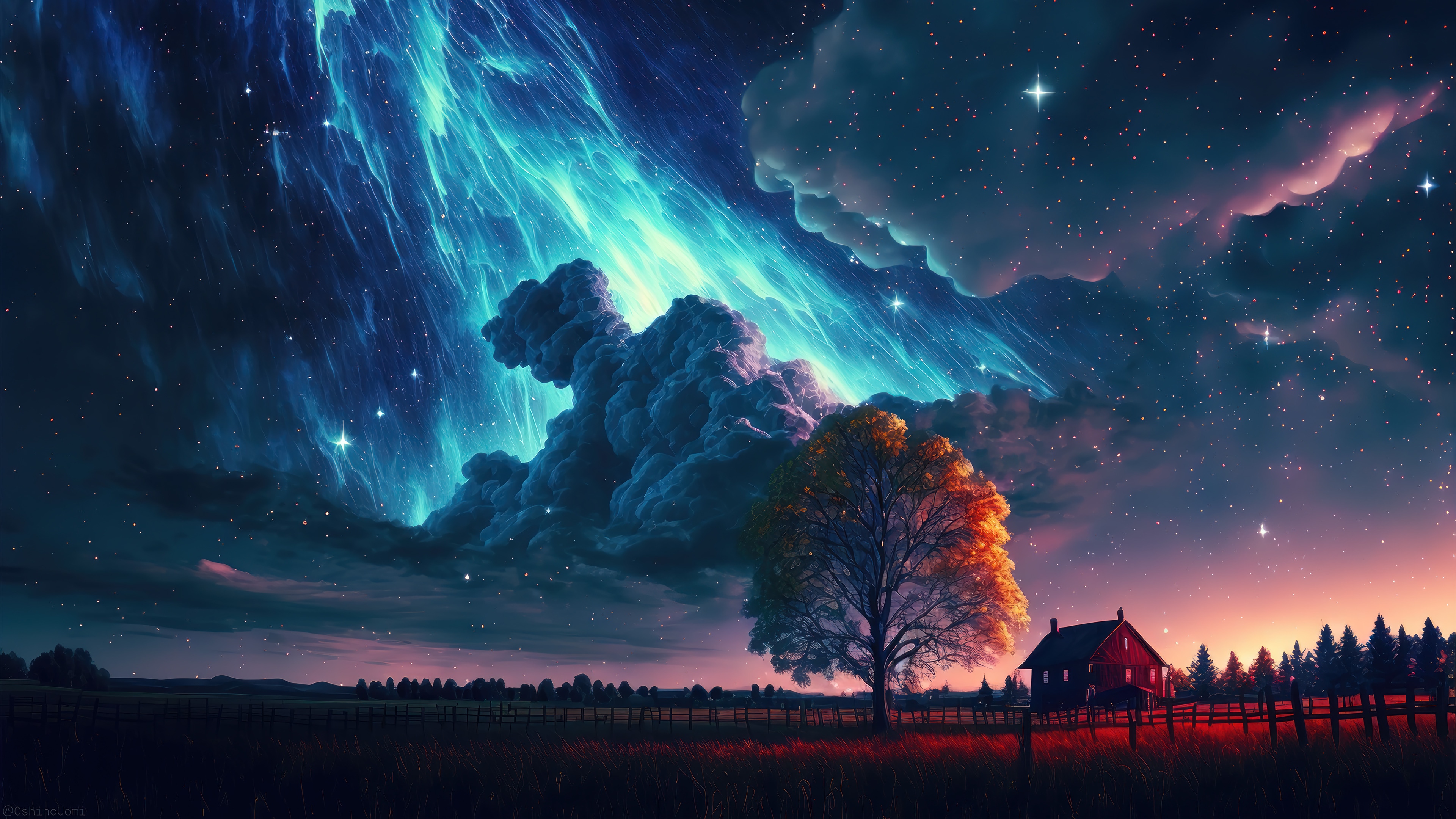 Night sky with aurora over a farm and tree HD Wallpaper
