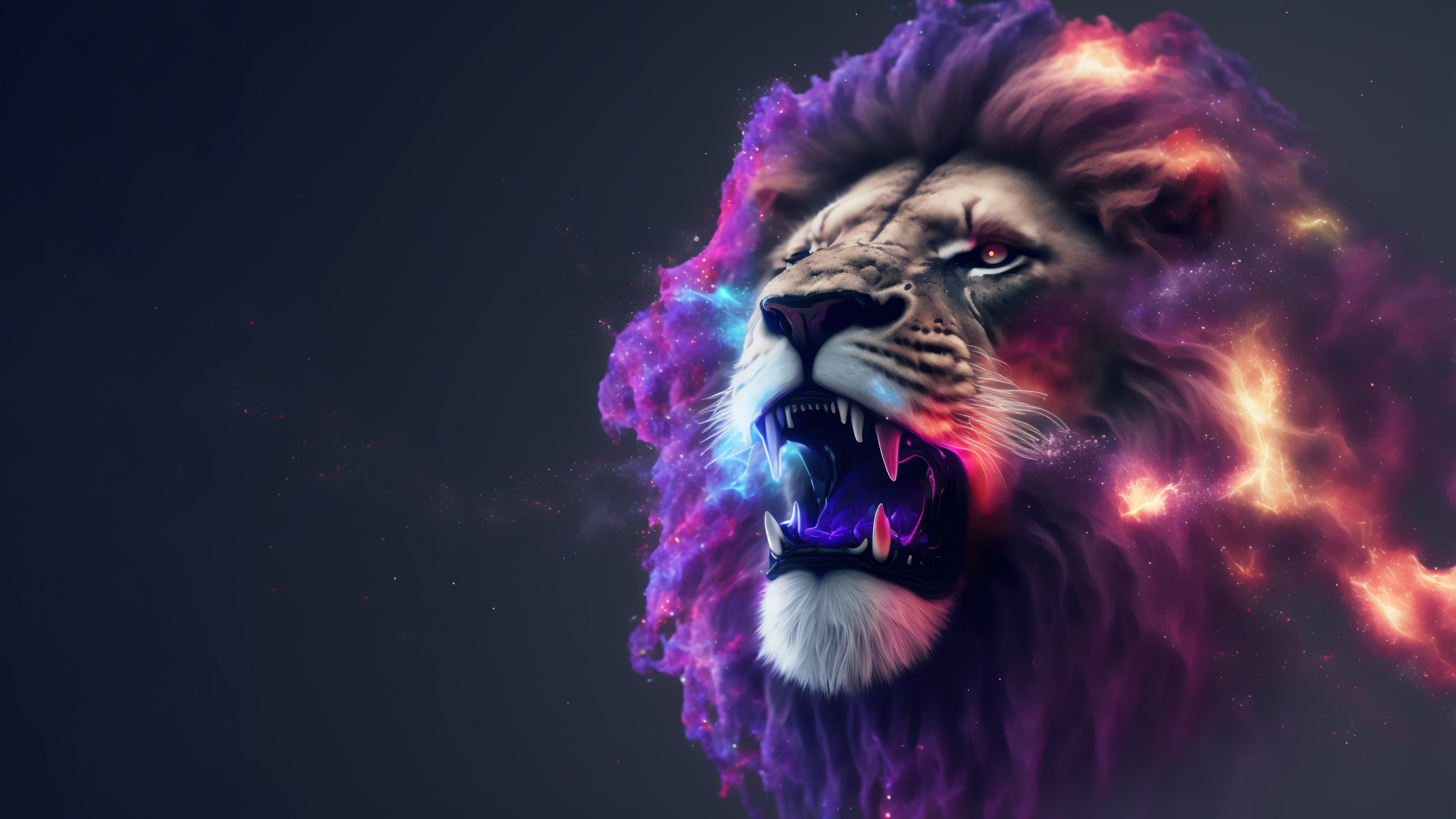 Lion Roaring with Colorful Nebula Mane 4K HD Wallpaper