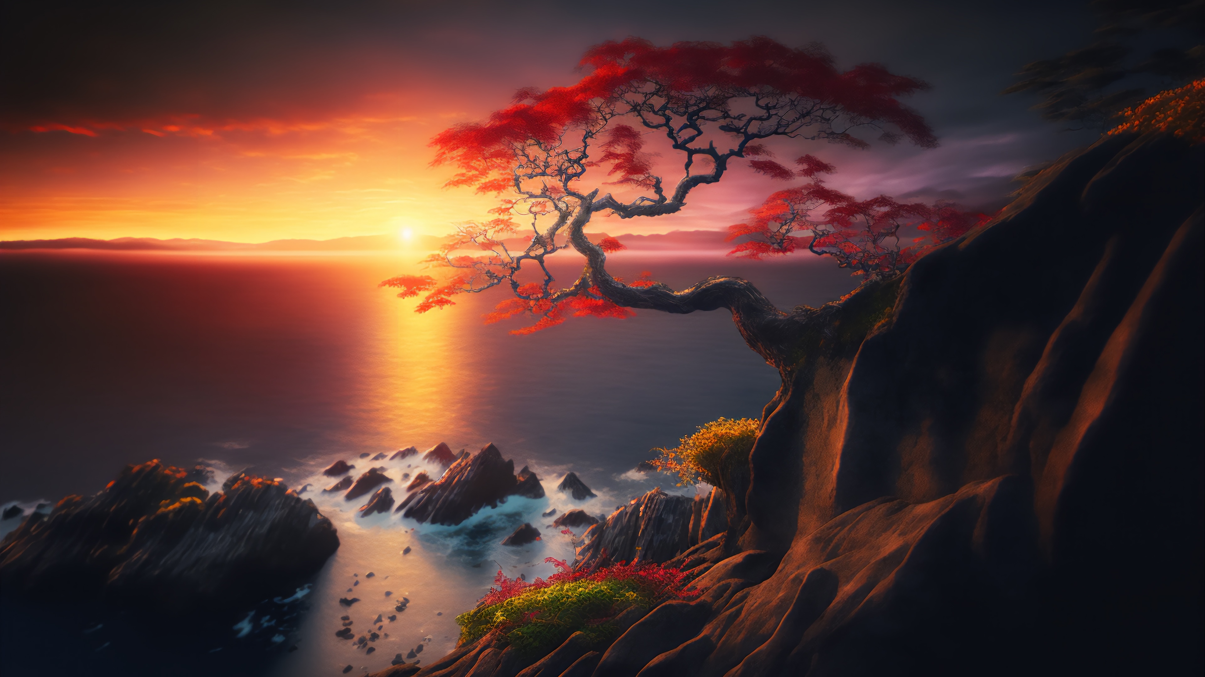 Beautiful Sunset over the Sea with a Tree on a Cliff HD Wallpaper