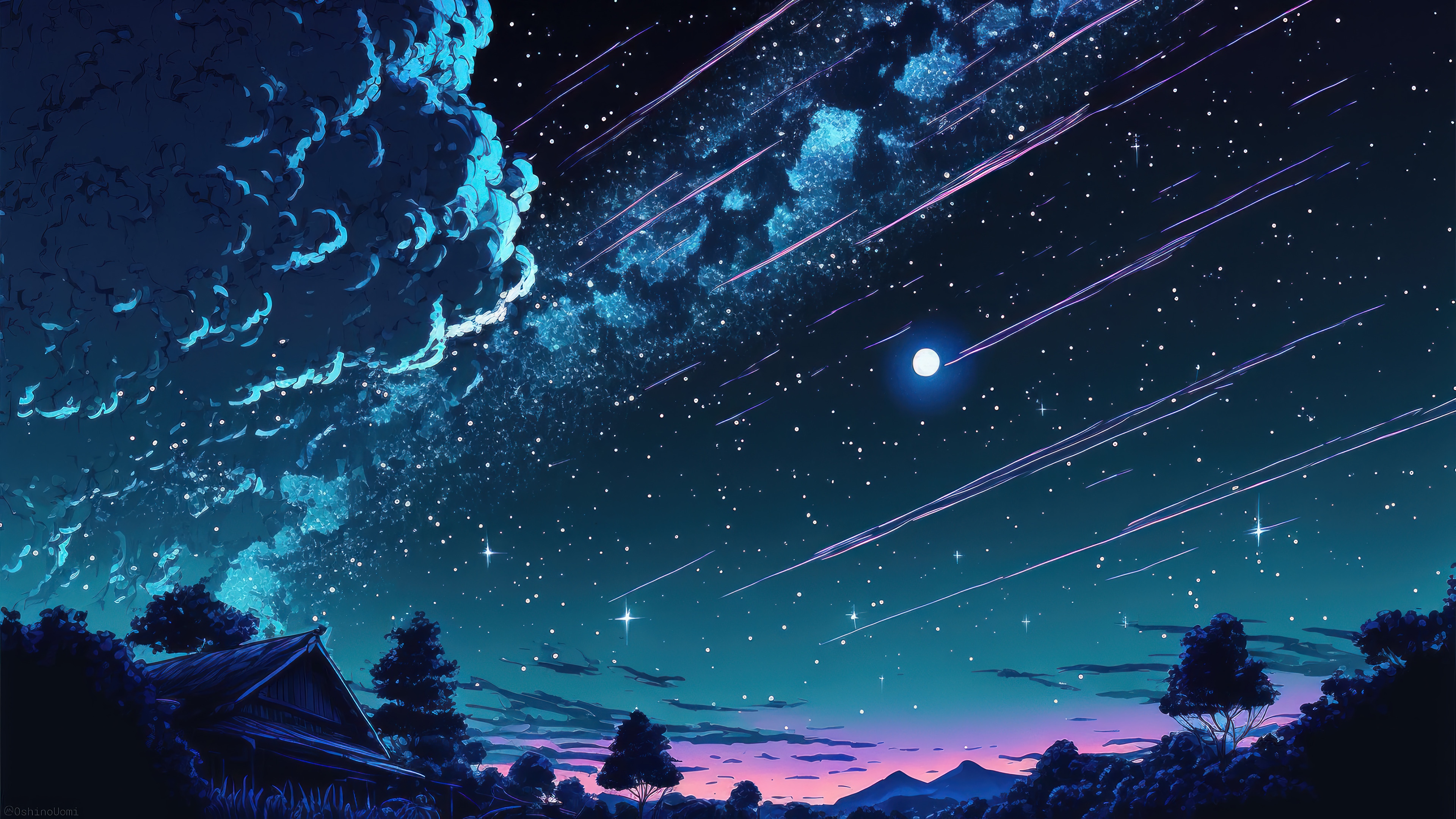Anime Night Sky with Shooting Stars and Clouds 4K HD Wallpaper