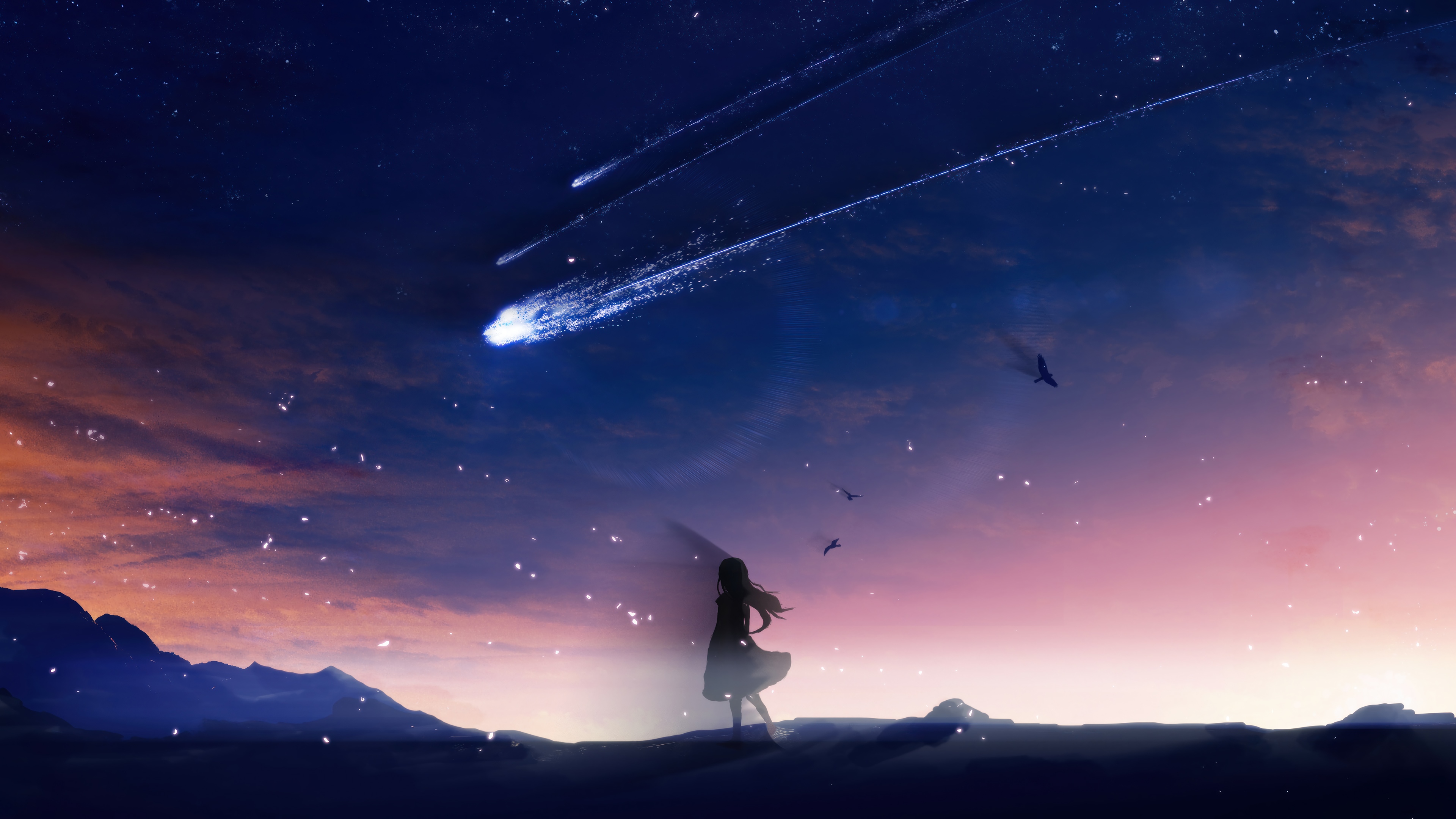 Anime girl silhouette watching comets in 4K HD Wallpaper
