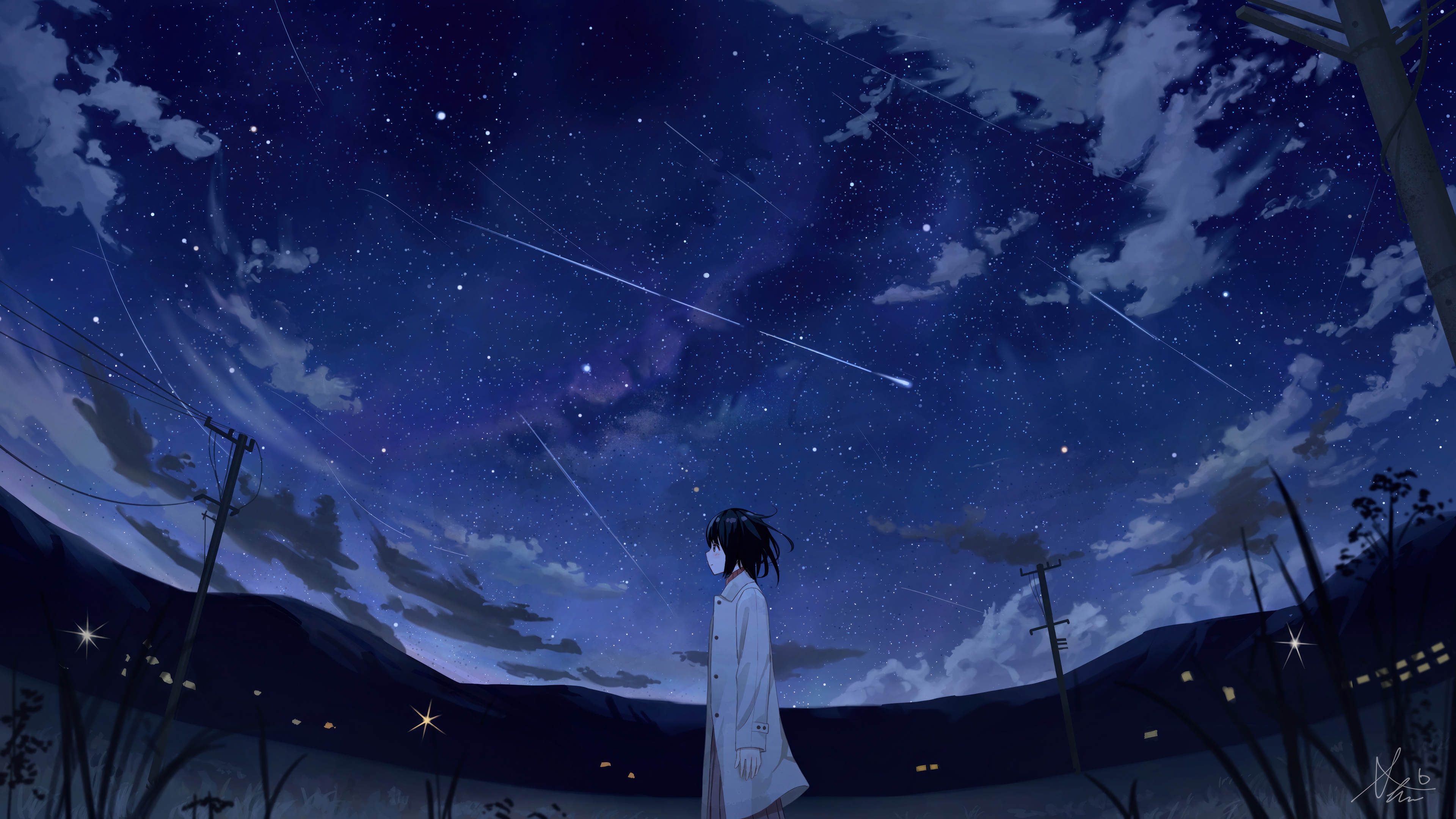 Anime girl watching shooting stars at night 4K HD Wallpaper