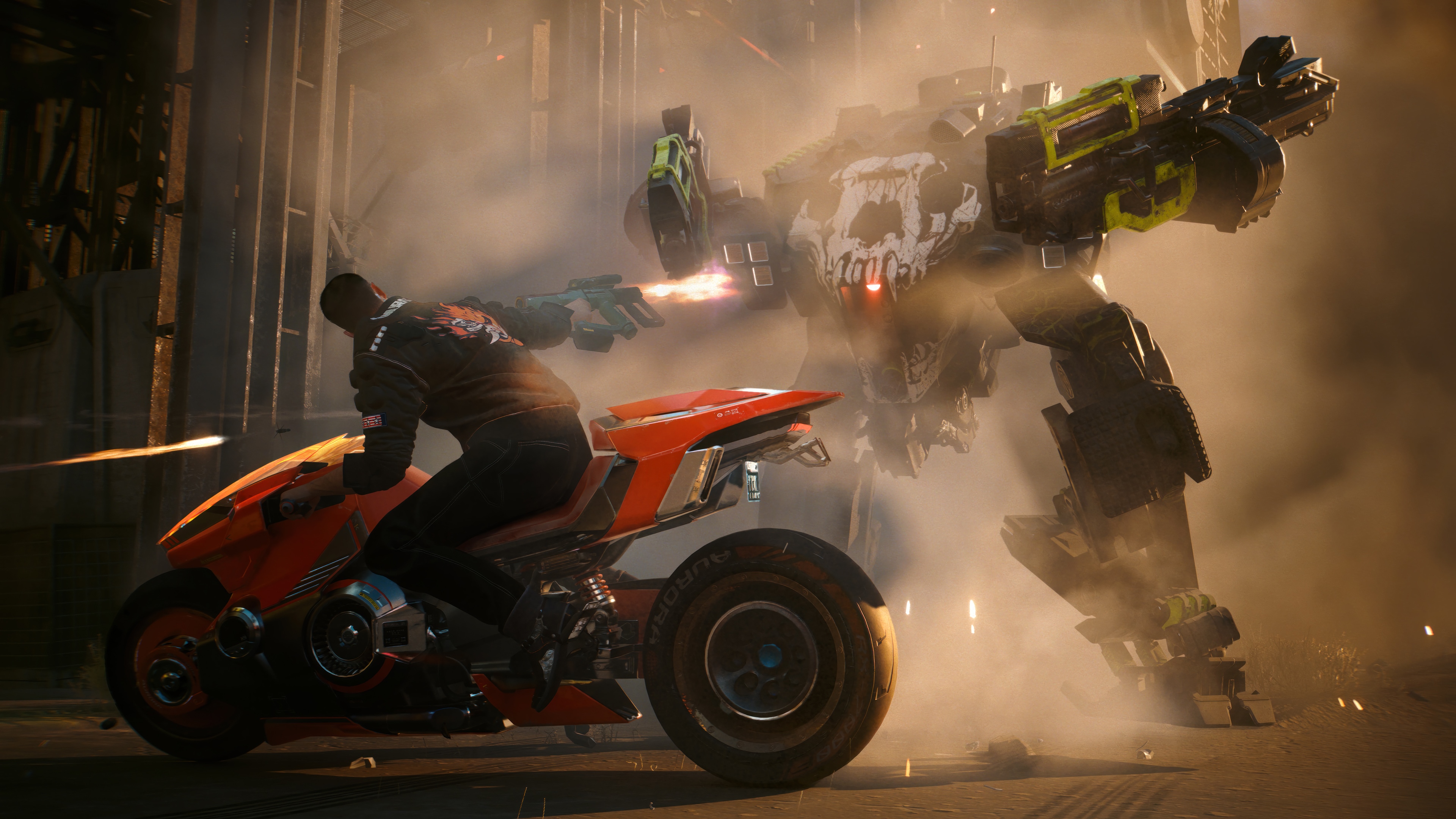 Cyberpunk 2077: Man on Motorcycle Fights Mech HD Wallpaper